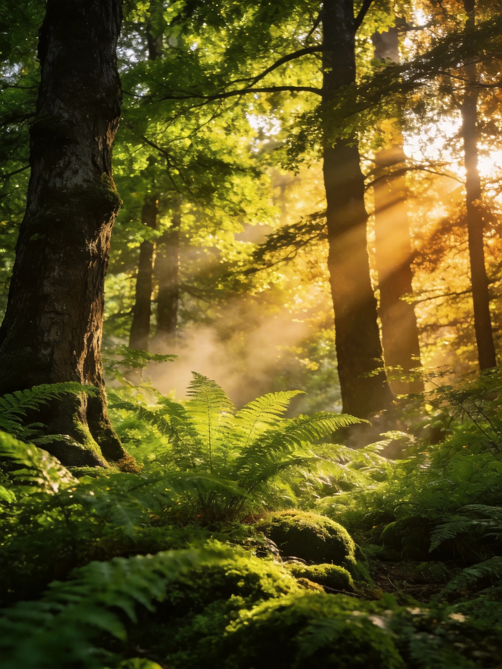 Golden sunlight illuminates a dense forest with tall trees and ferns