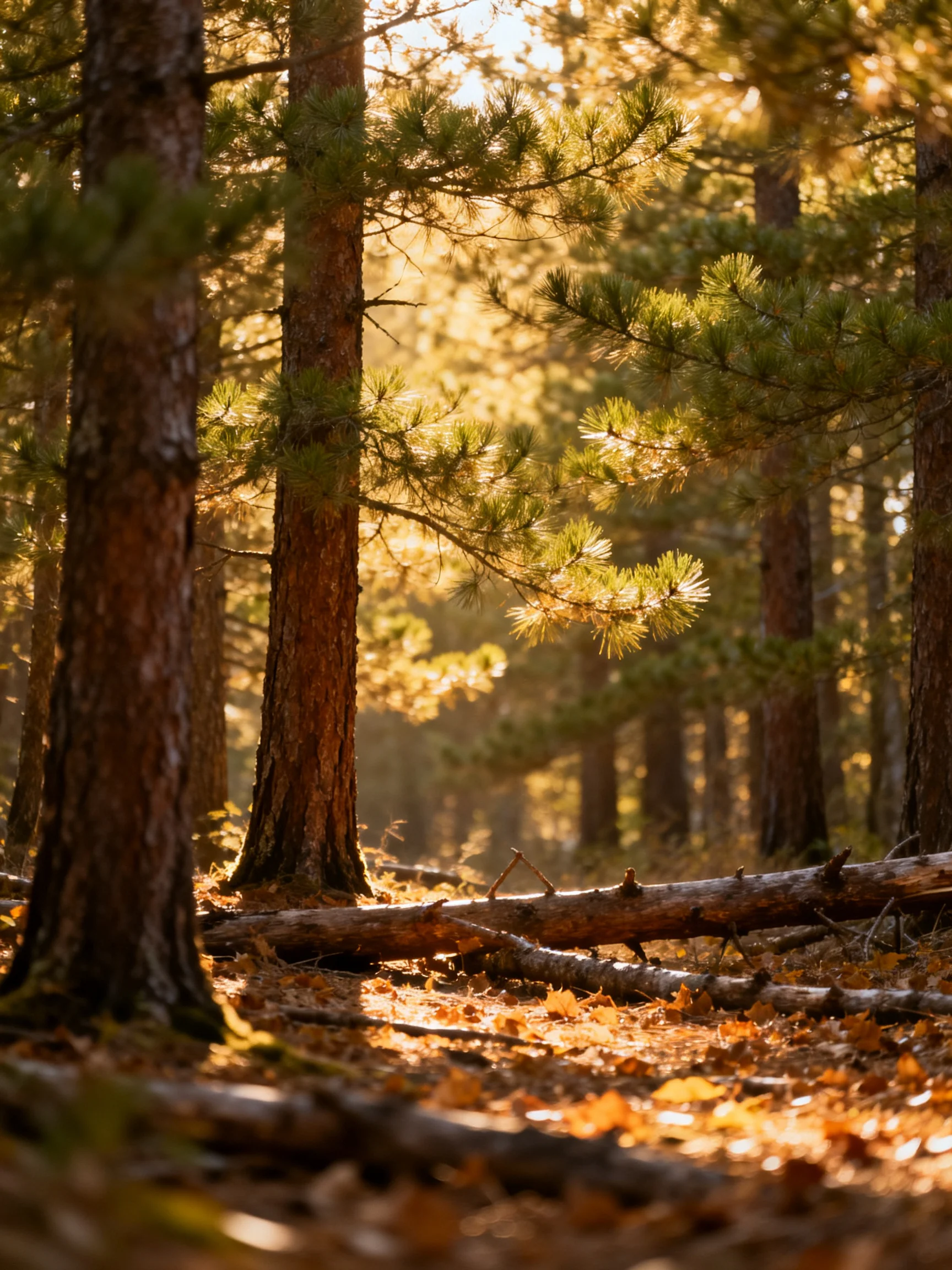Golden sunlight illuminates a dense pine forest with fallen logs