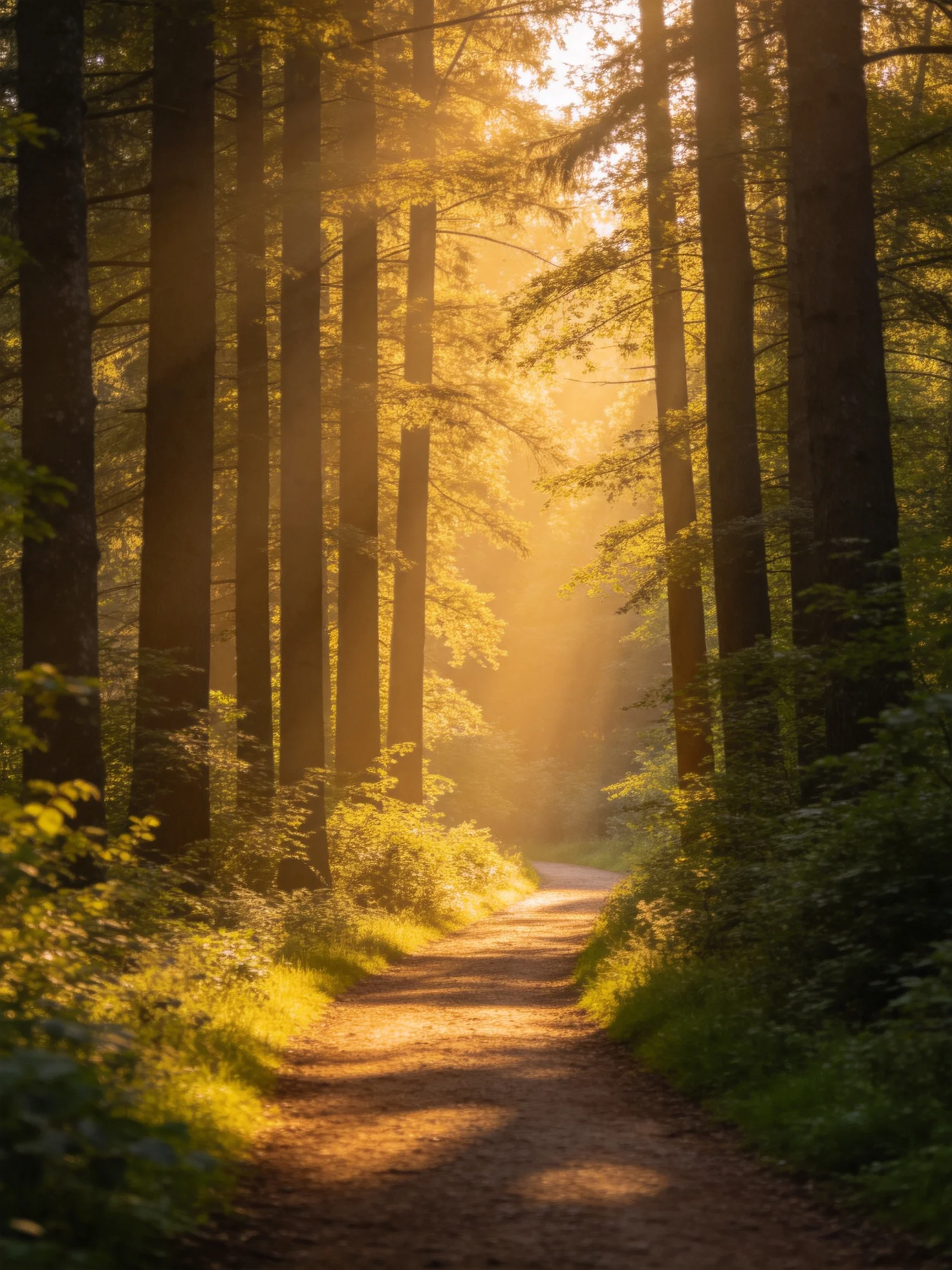 Golden sunlight illuminates a forest path amid tall trees