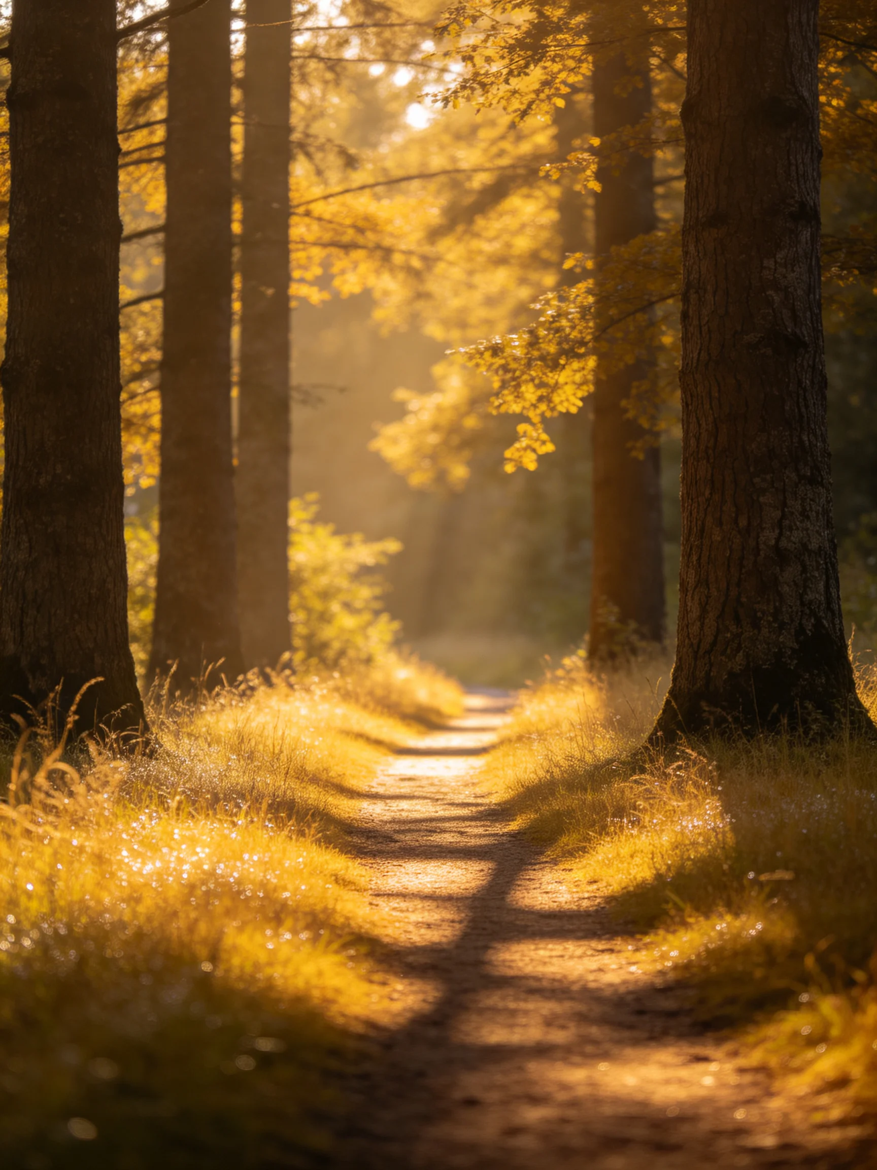 Golden sunlight illuminates a forest path lined with tall trees