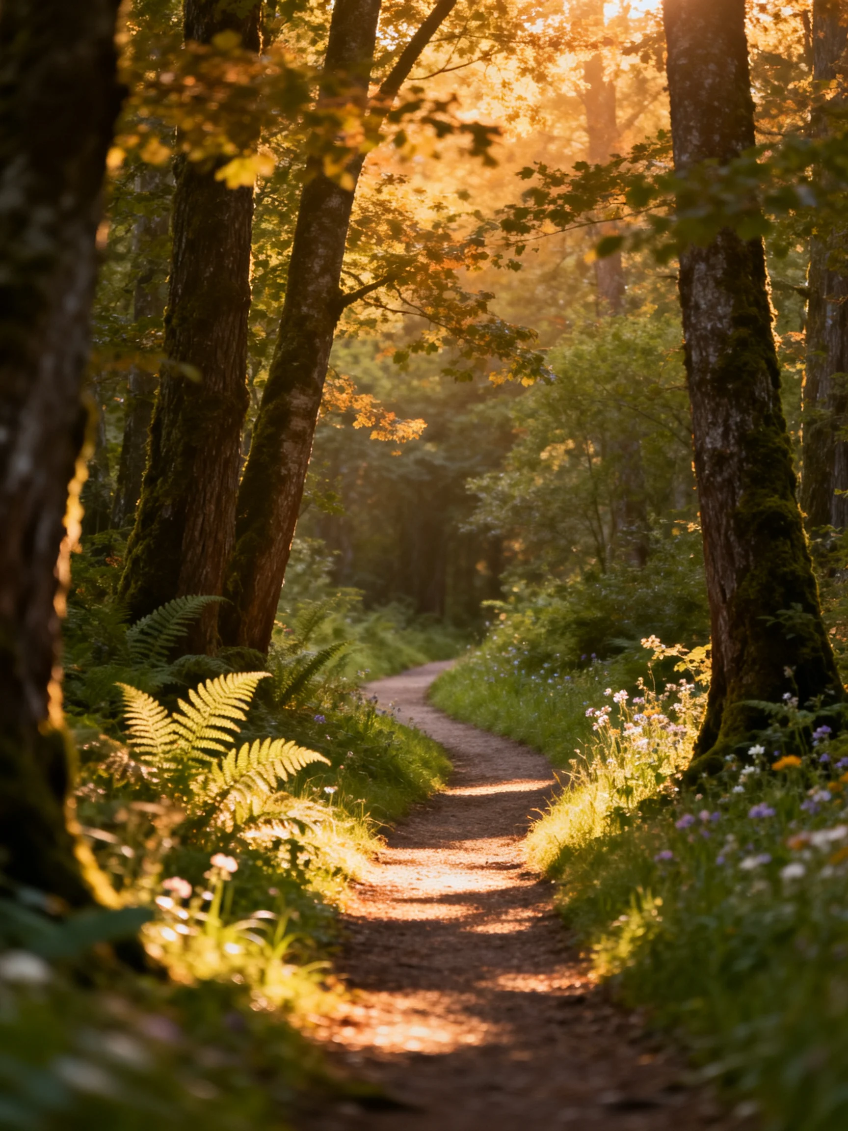 Golden sunlight illuminates a forest path winding among tall trees and lush plants