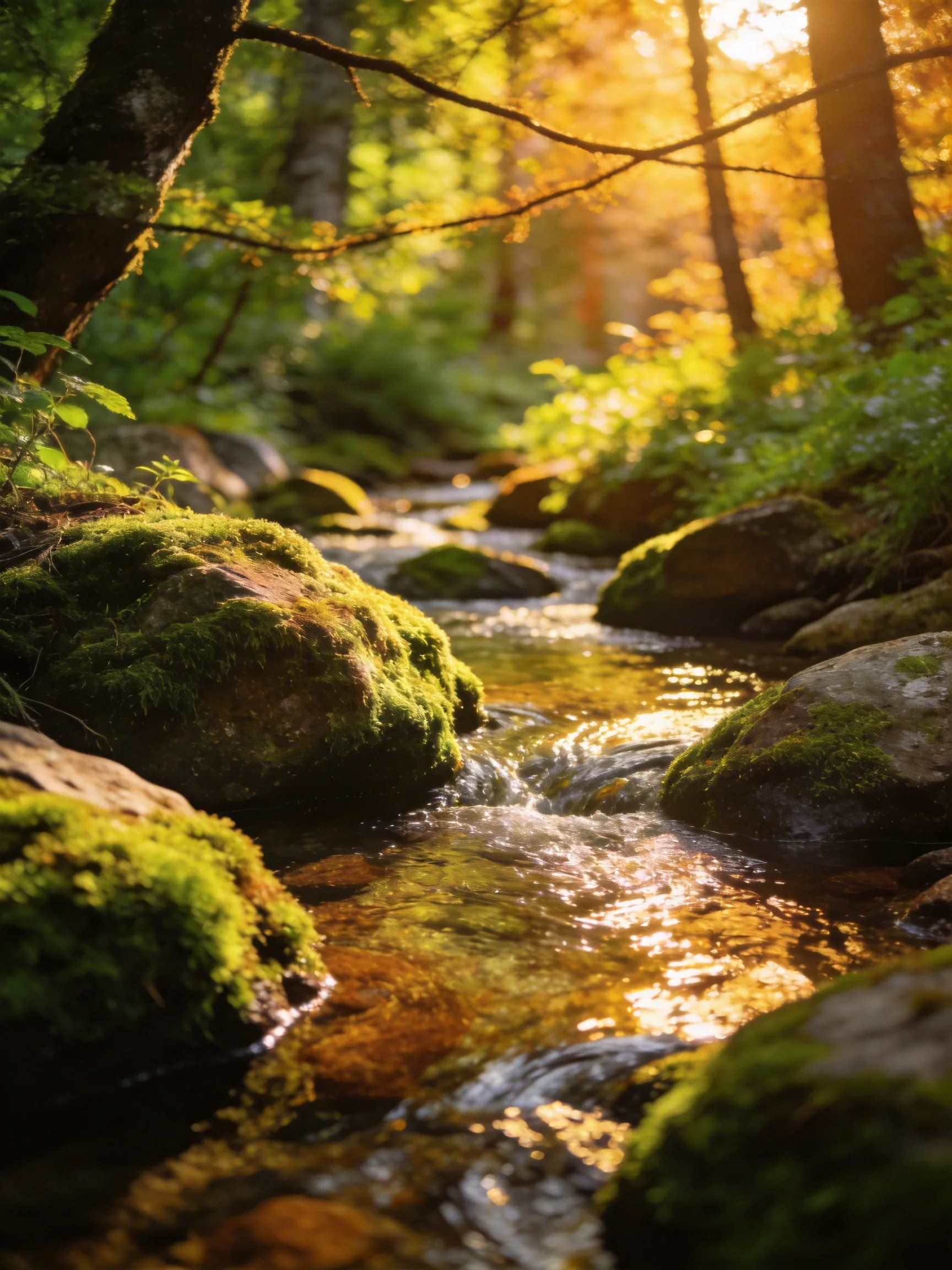 Golden sunlight illuminates a forest stream with moss-covered rocks