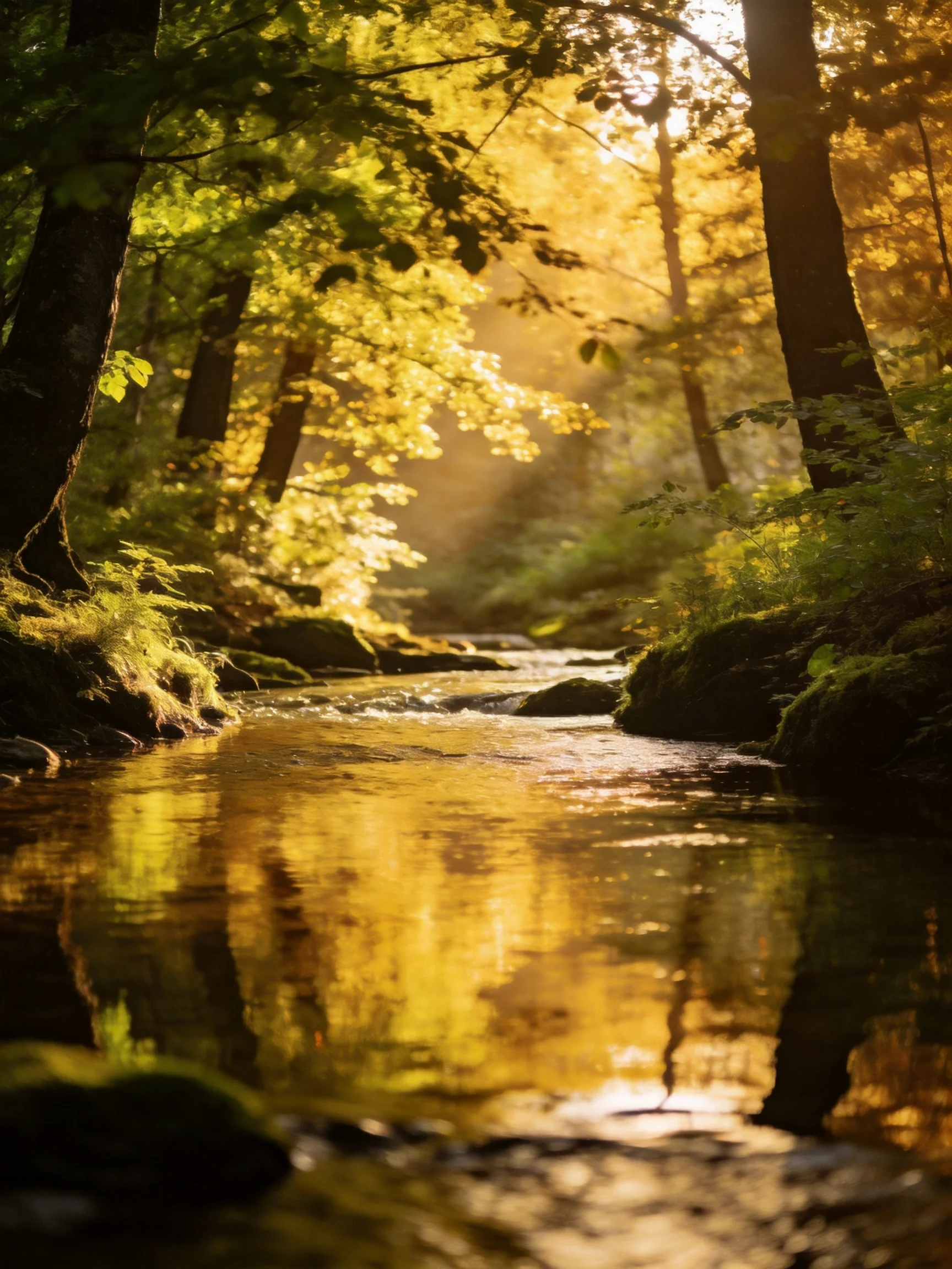 Golden sunlight illuminates a forest stream with mossy rocks and dense foliage