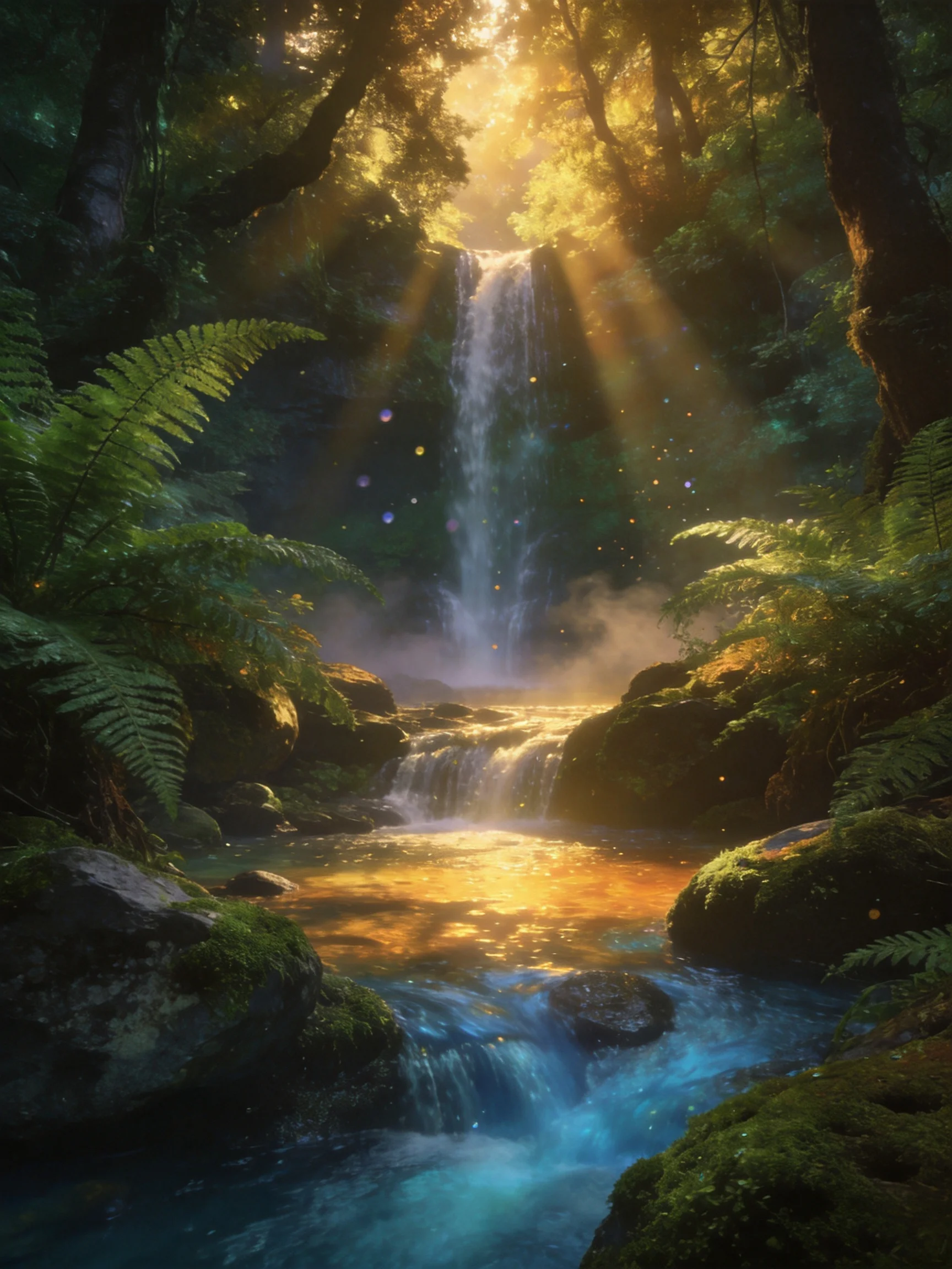 Golden sunlight illuminates a lush forest waterfall with cascading water