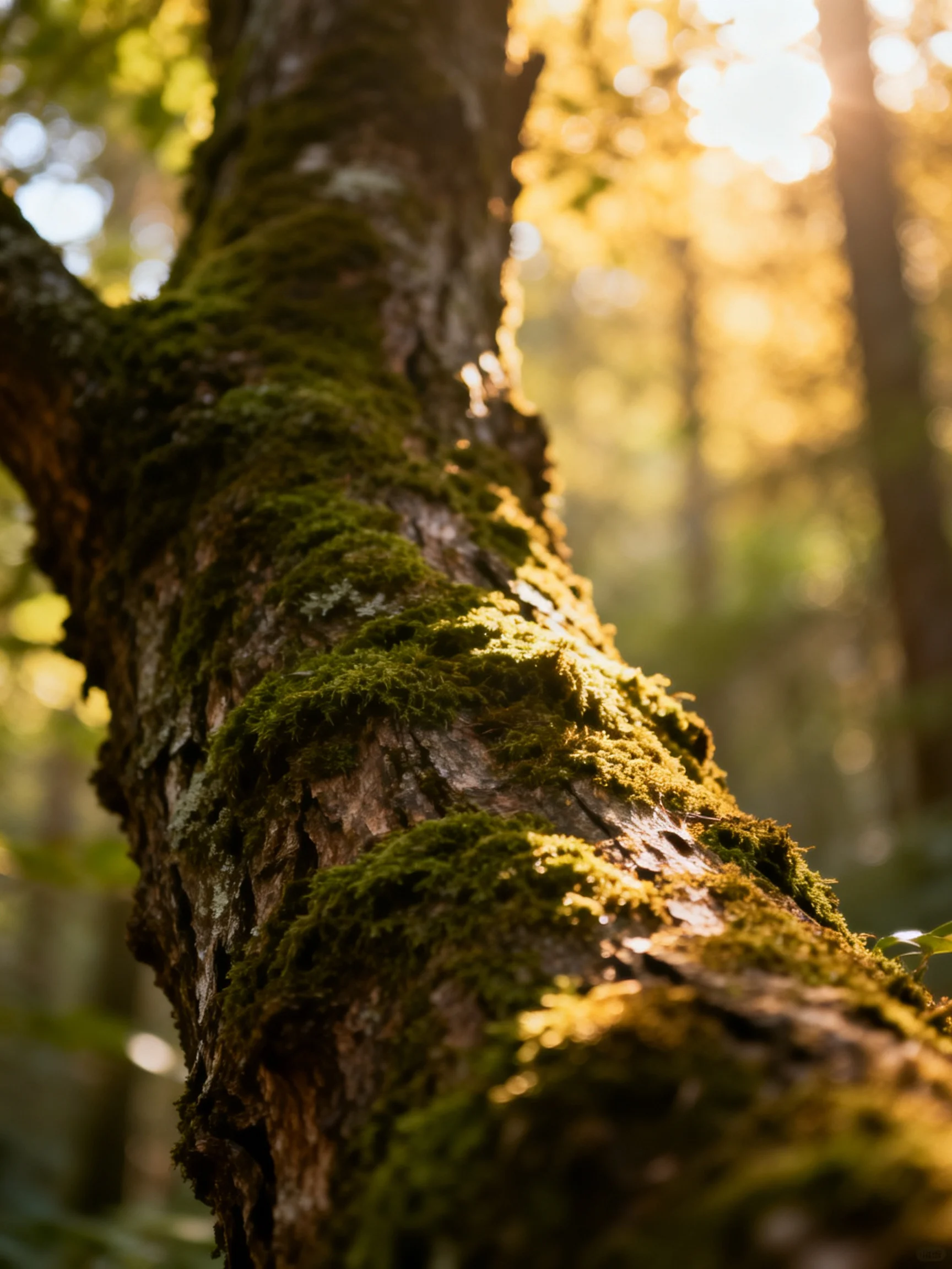 Golden sunlight illuminates a moss - covered tree trunk in the forest