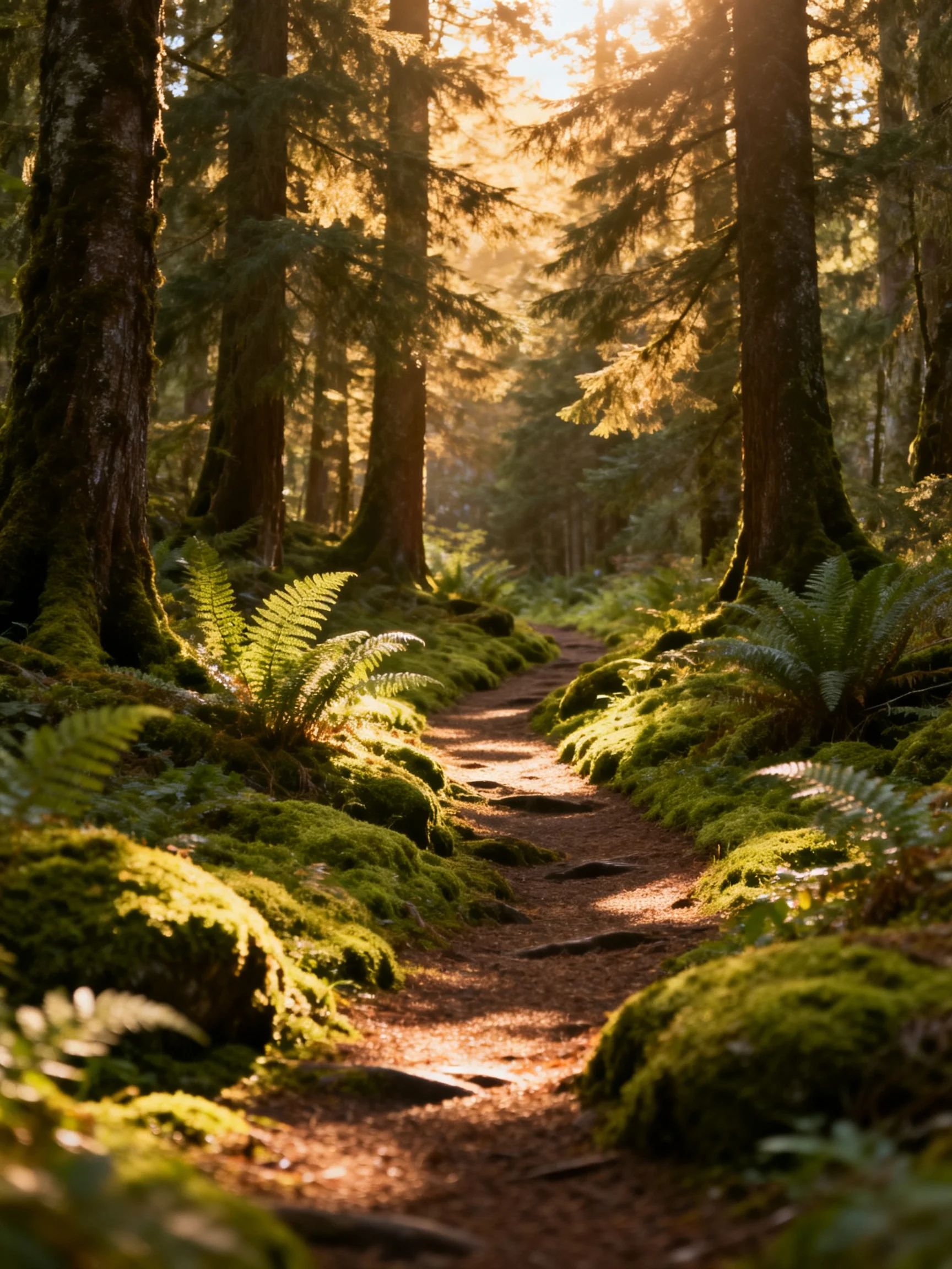 Golden sunlight illuminates a mossy forest trail with ferns and giant trees.