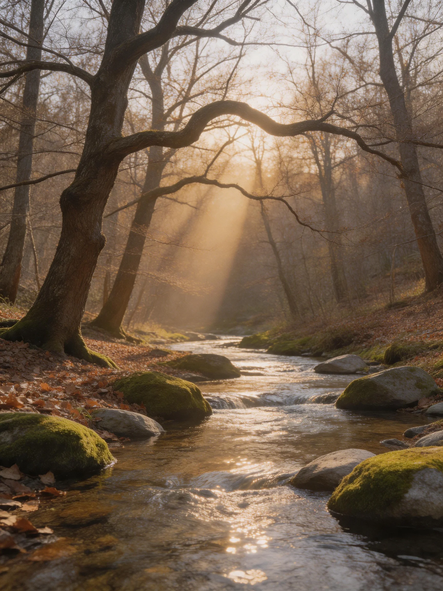 Golden sunlight illuminates a mossy rocky stream in autumn woods