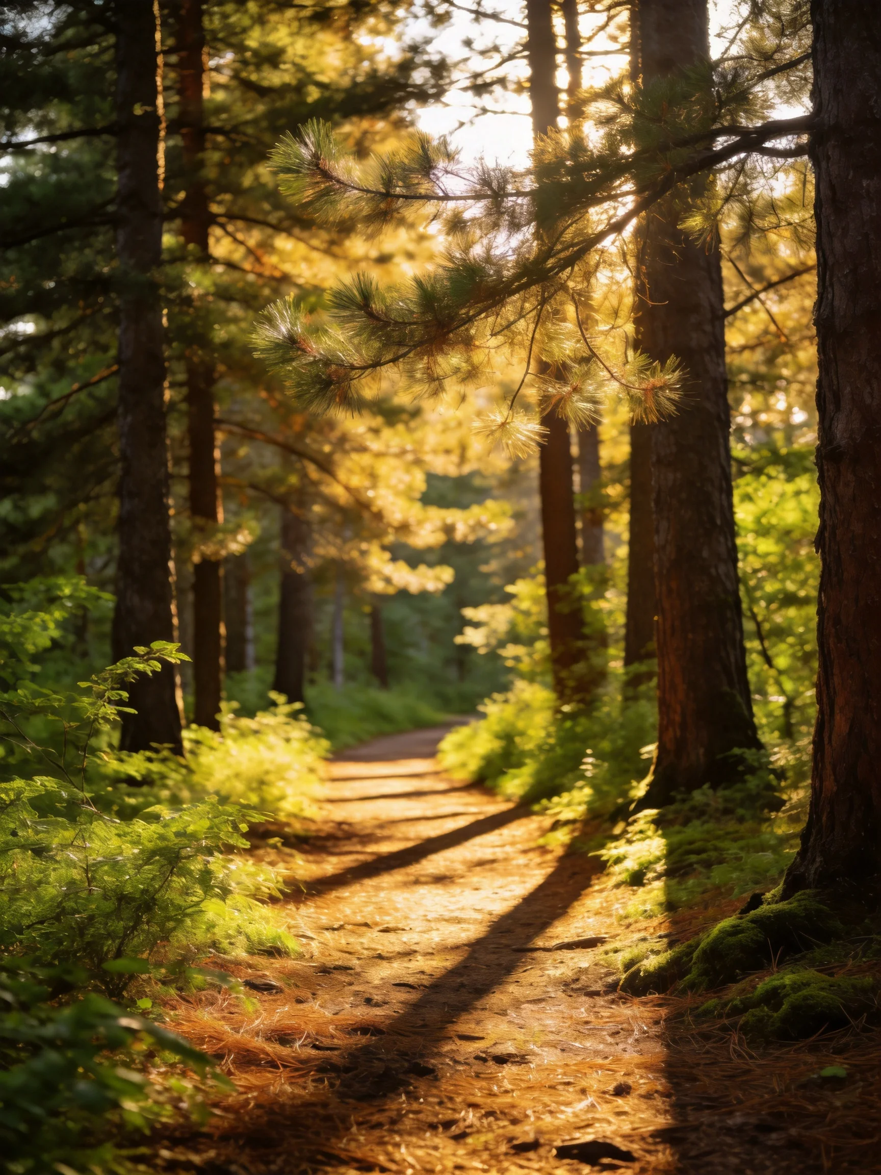 Golden sunlight illuminates a serene forest trail surrounded by tall trees