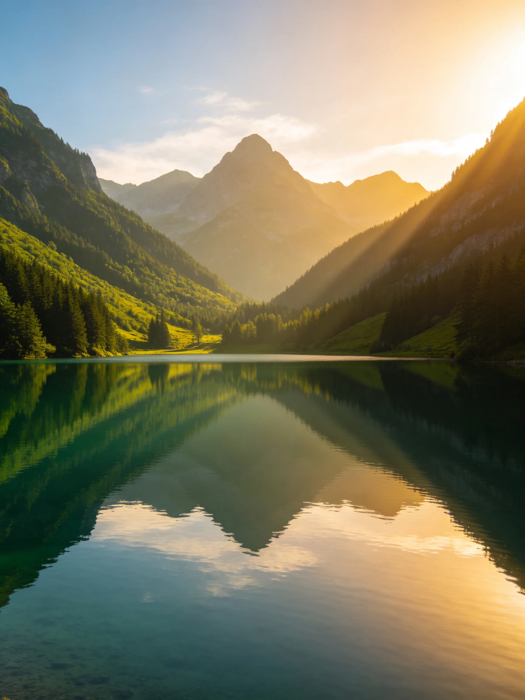 Golden sunlight illuminates a serene mountain lake with lush forests.