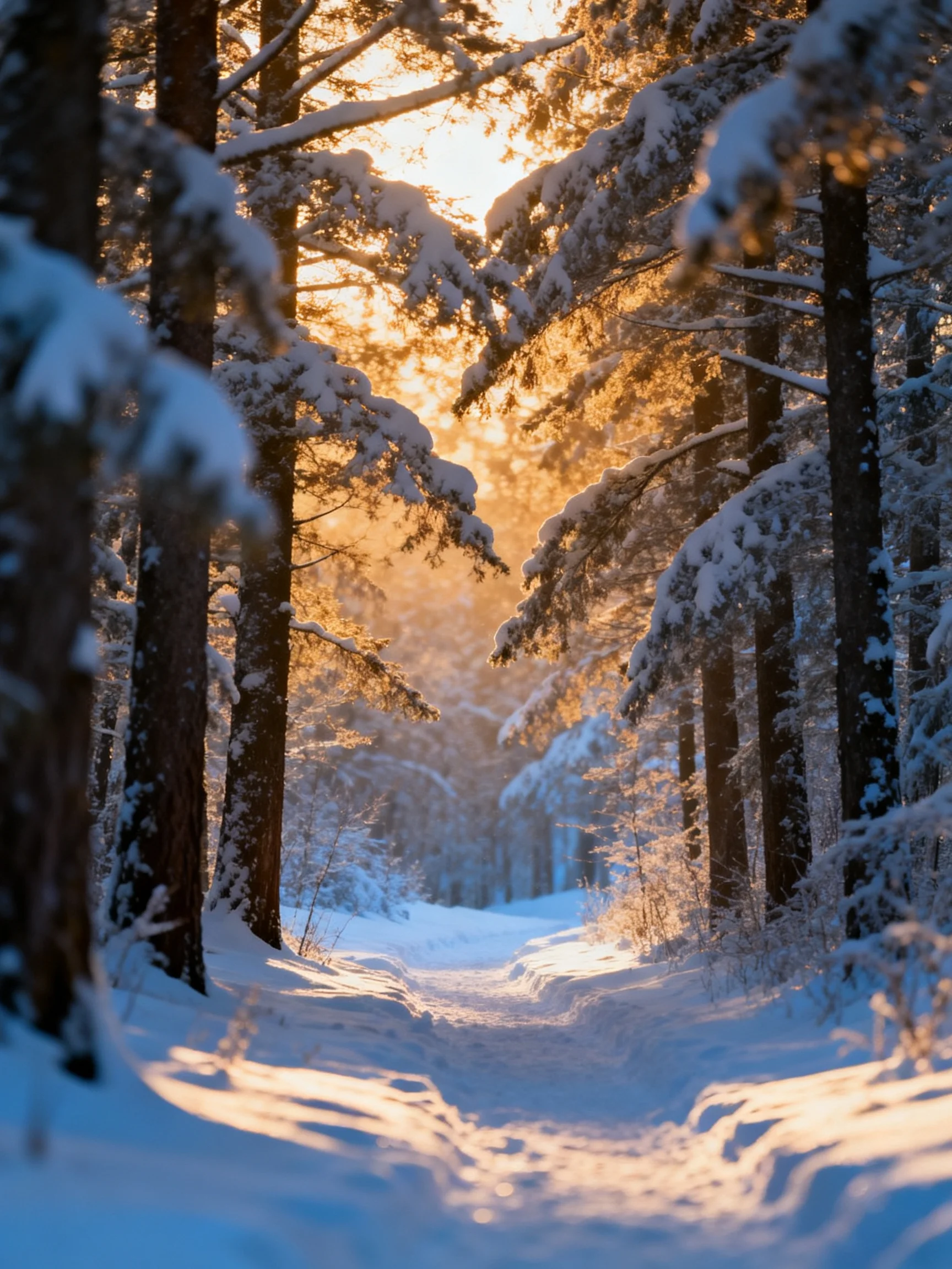 Golden sunlight illuminates a snow - covered forest path through tall evergreens.