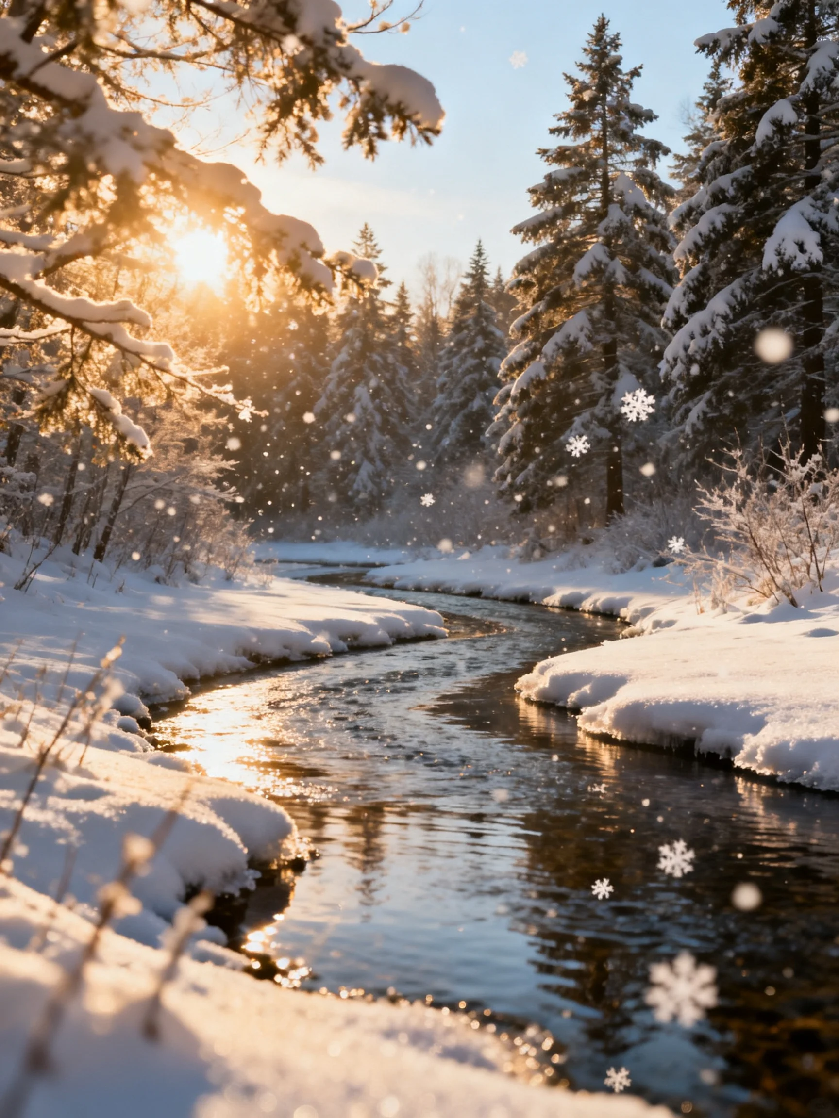 Golden sunlight illuminates a snow - covered forest stream
