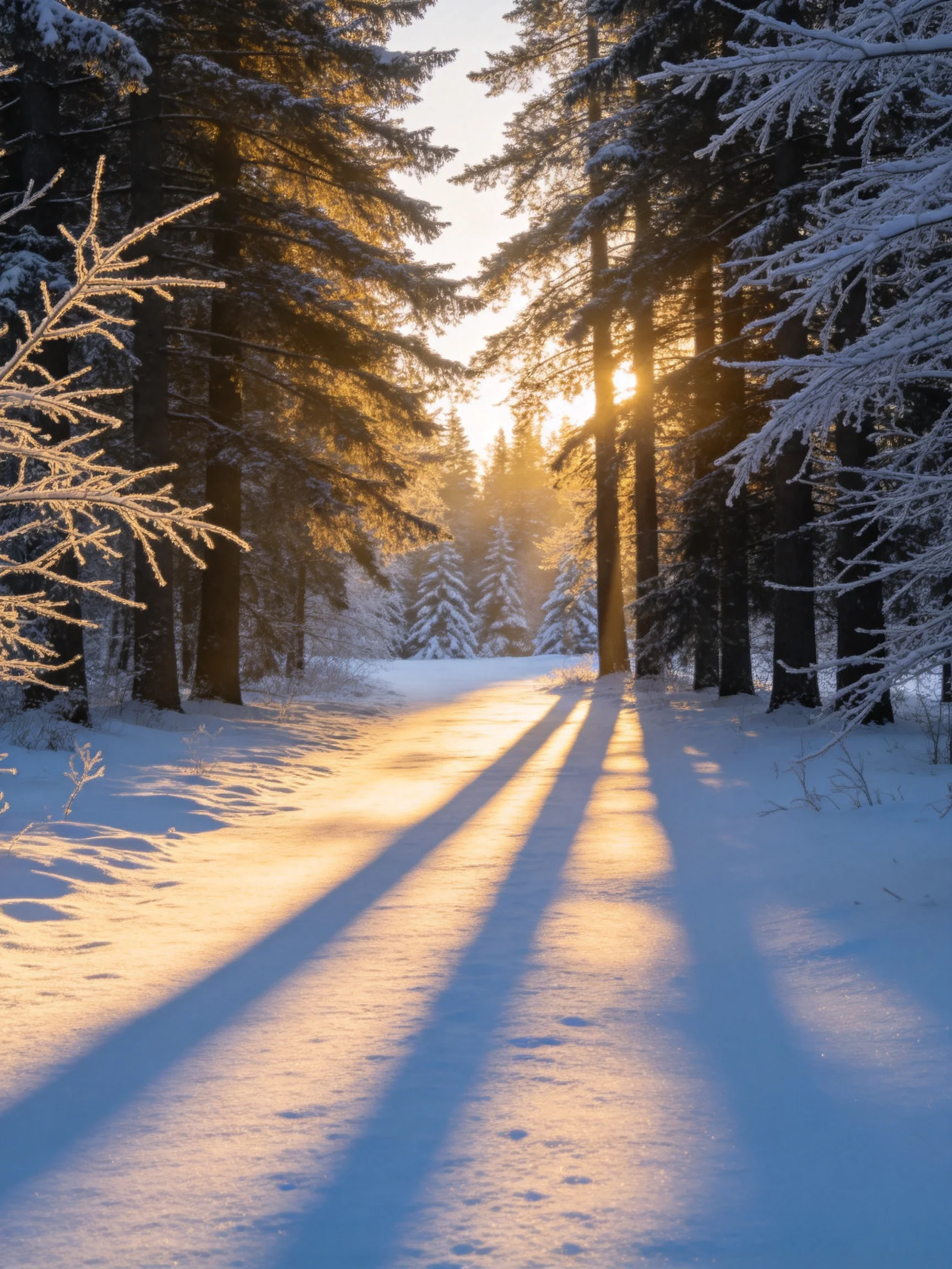 Golden sunlight illuminates a snow-covered forest path between tall evergreen trees