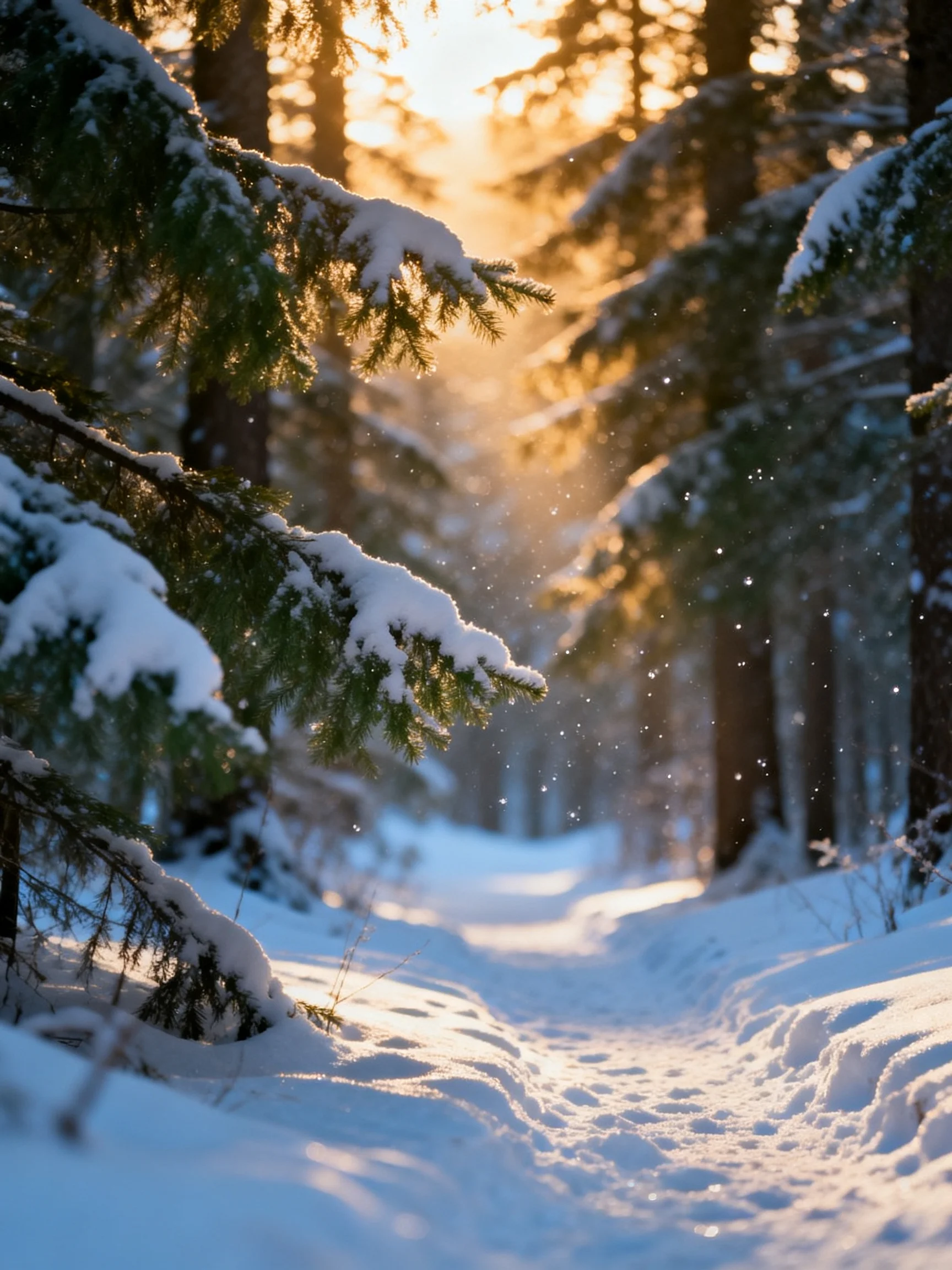 Golden sunlight illuminates a snow-covered forest path with evergreen trees