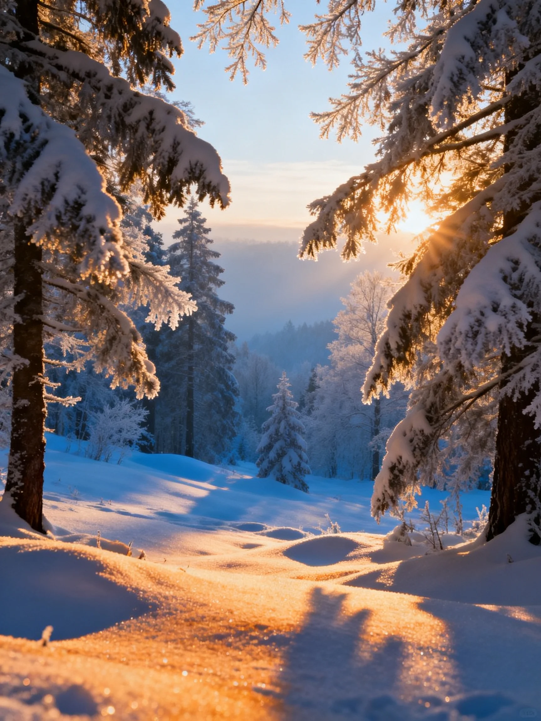 Golden sunlight illuminates a snow-laden evergreen forest landscape
