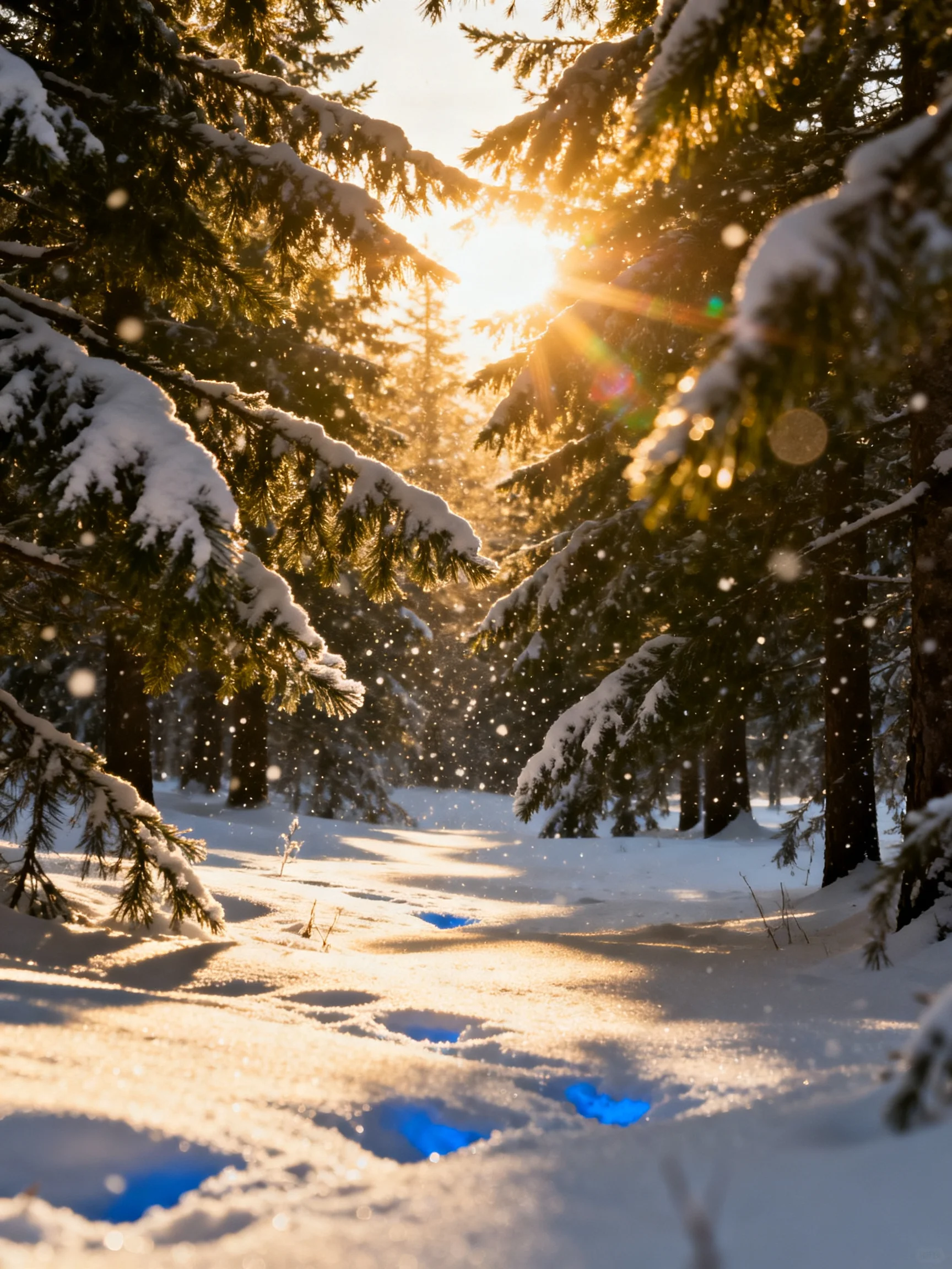Golden sunlight illuminates a snow-laden evergreen forest path