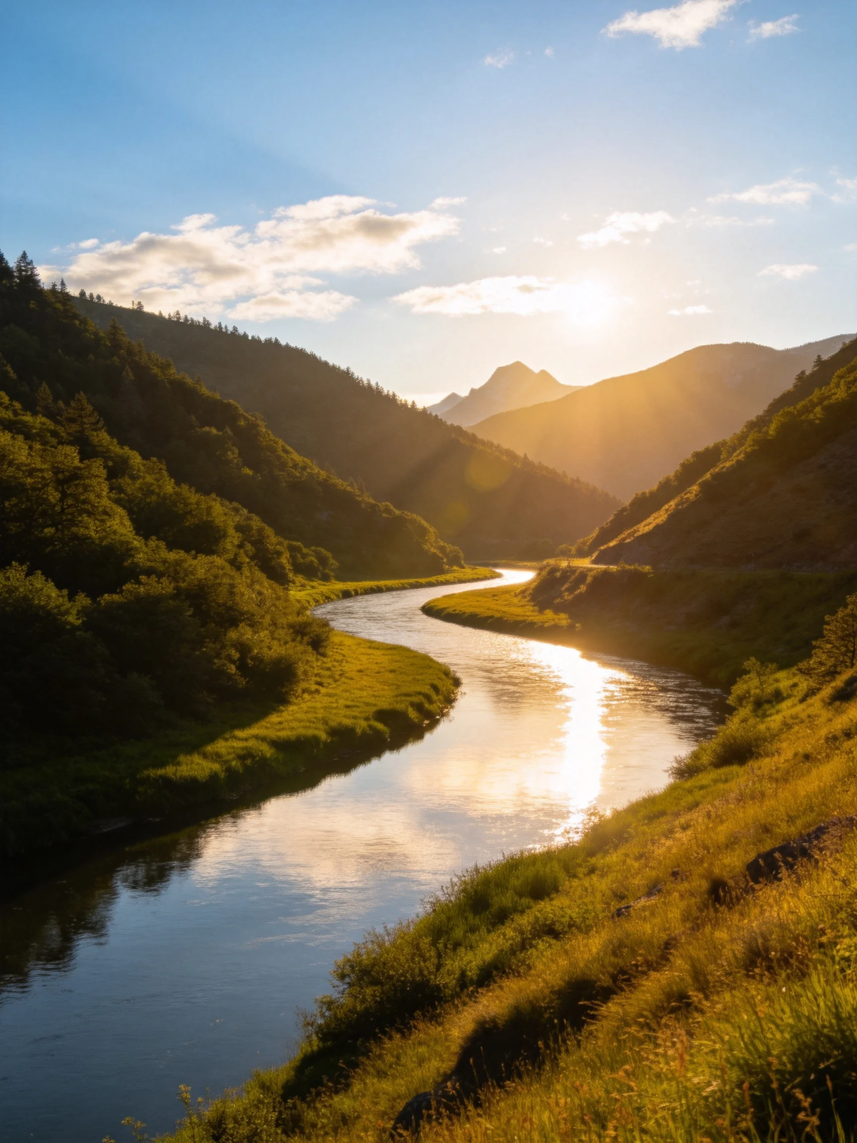 Golden sunlight illuminates a winding river through lush mountain valleys