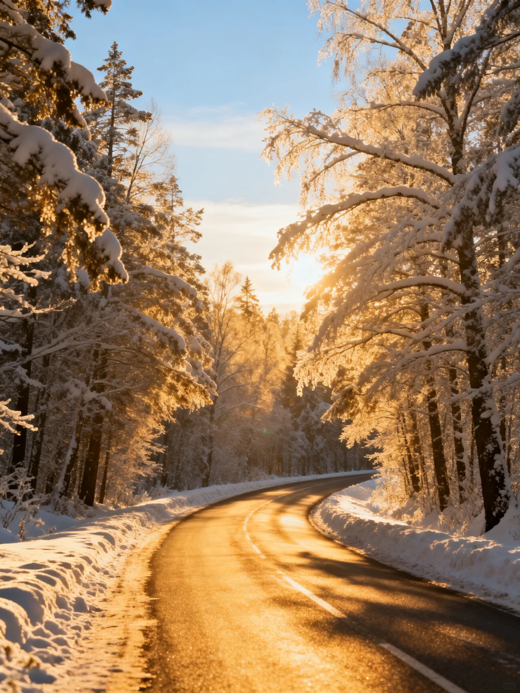 Golden sunlight illuminates a winding snow-covered forest road.