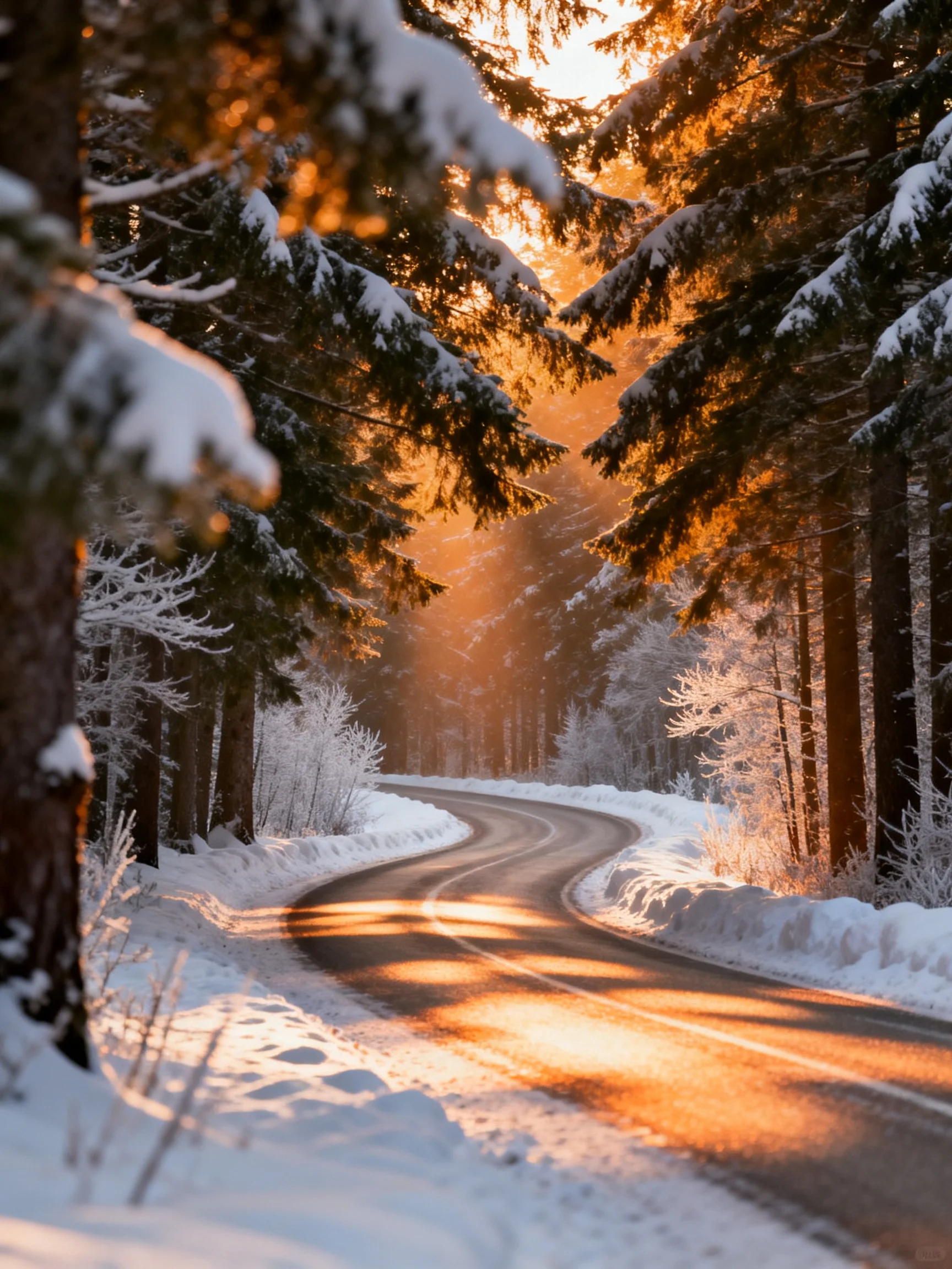 Golden sunlight illuminates a winding snowy forest road