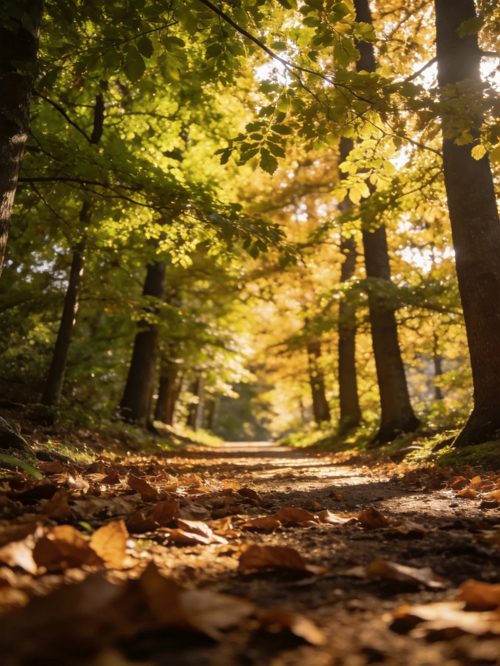 Golden sunlight illuminates an autumn forest path lined with fallen leaves.