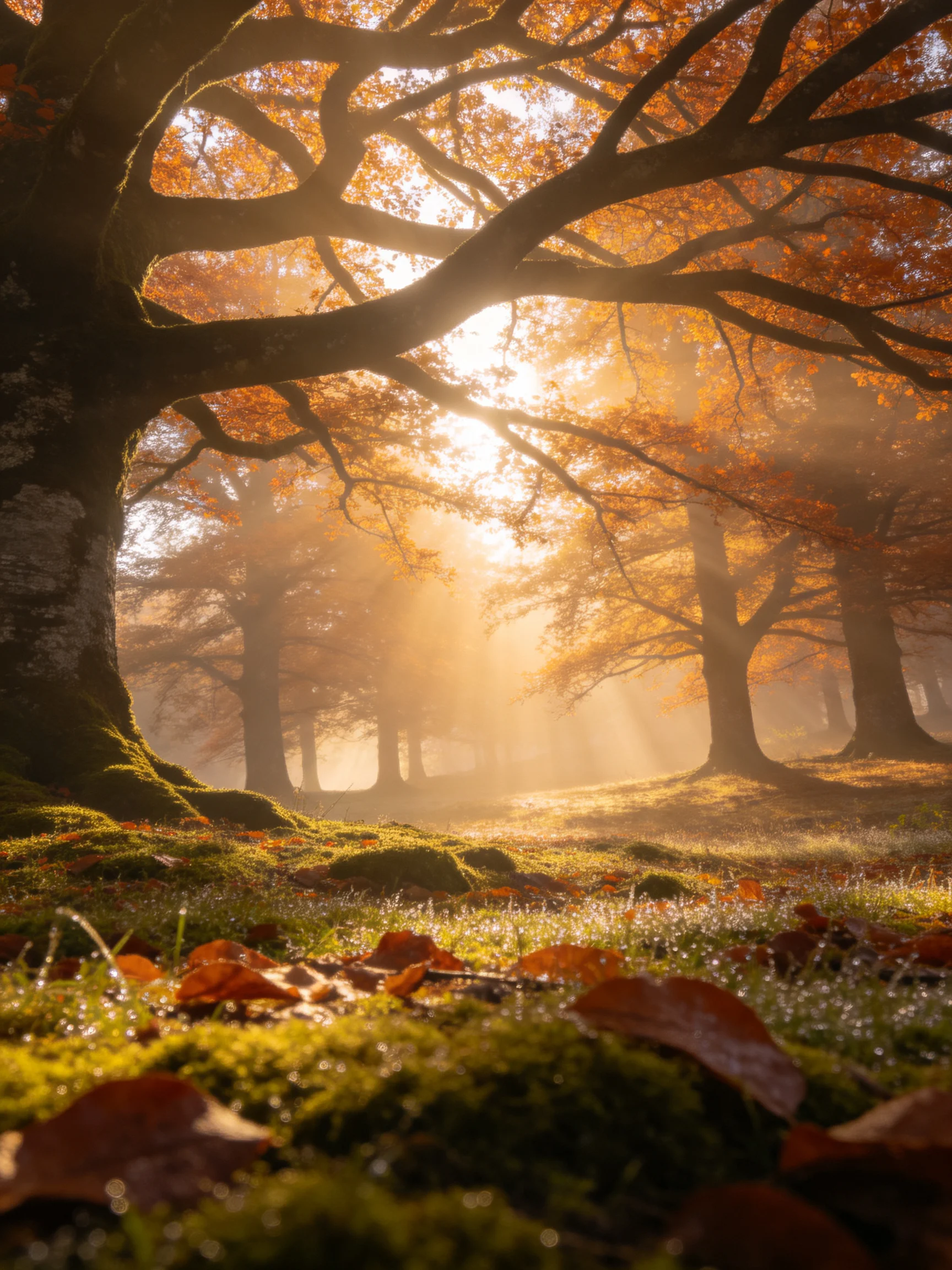 Golden sunlight illuminates an autumn forest with mossy ground and colorful leaves