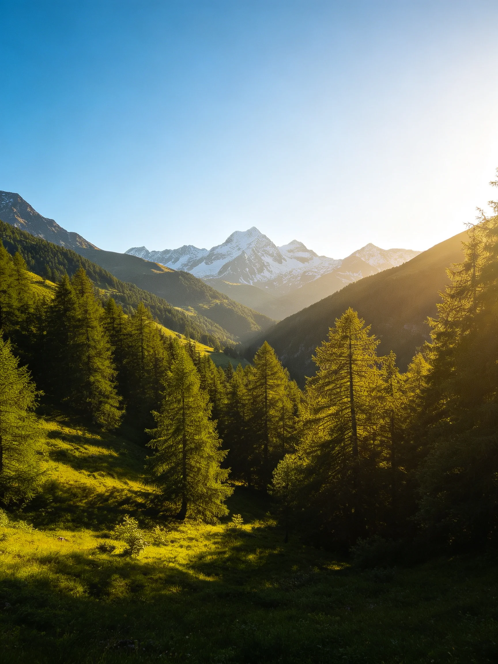Golden sunlight illuminates lush green forests near snow - capped mountain peaks