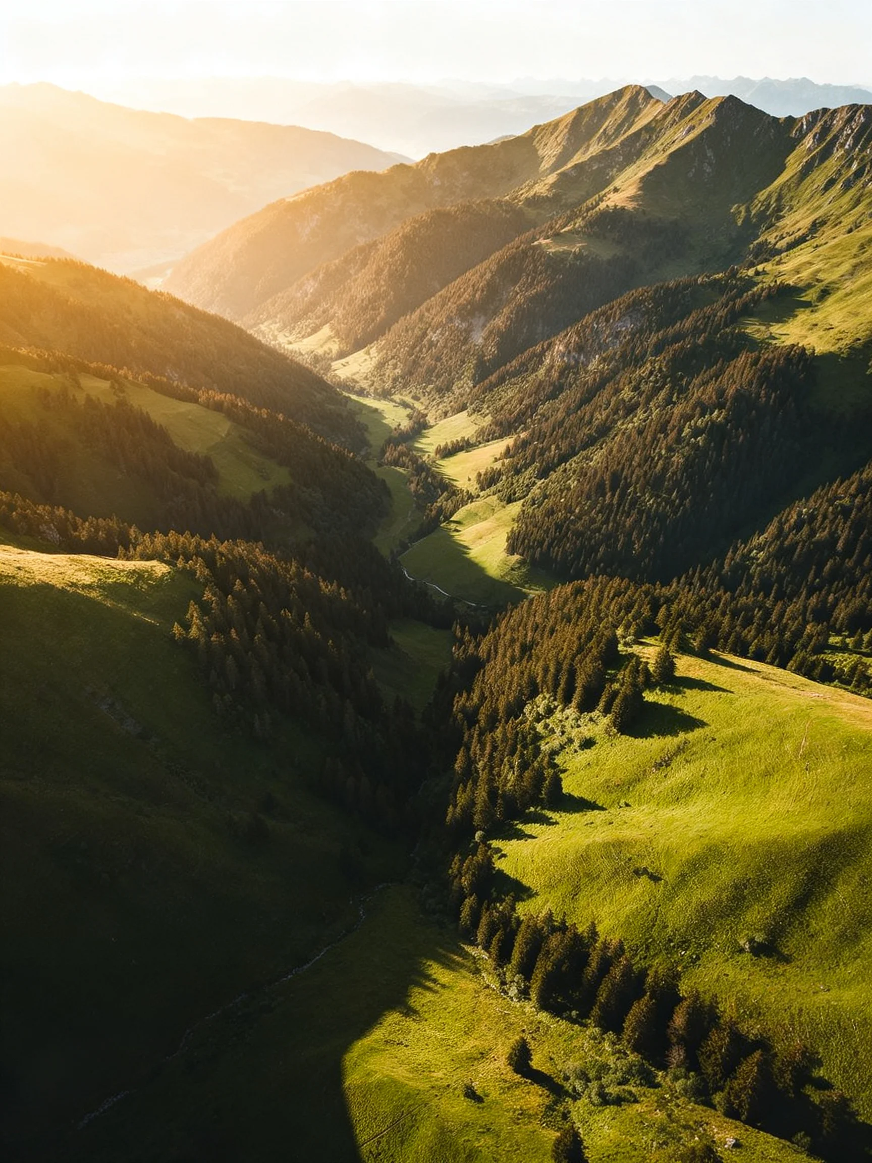 Golden sunlight illuminates lush green mountain valleys with dense forests