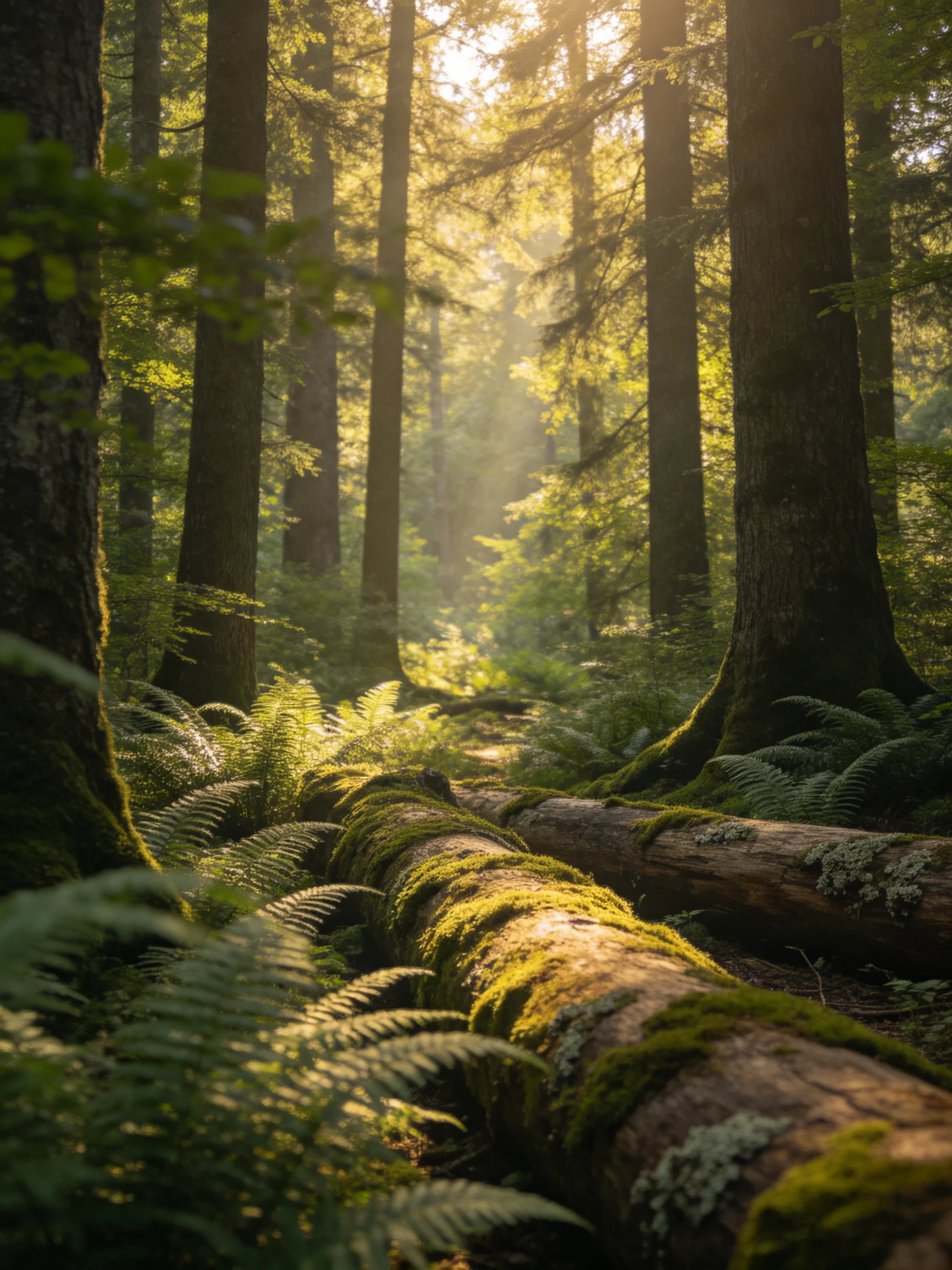 Golden sunlight illuminates moss-covered fallen logs in dense forest