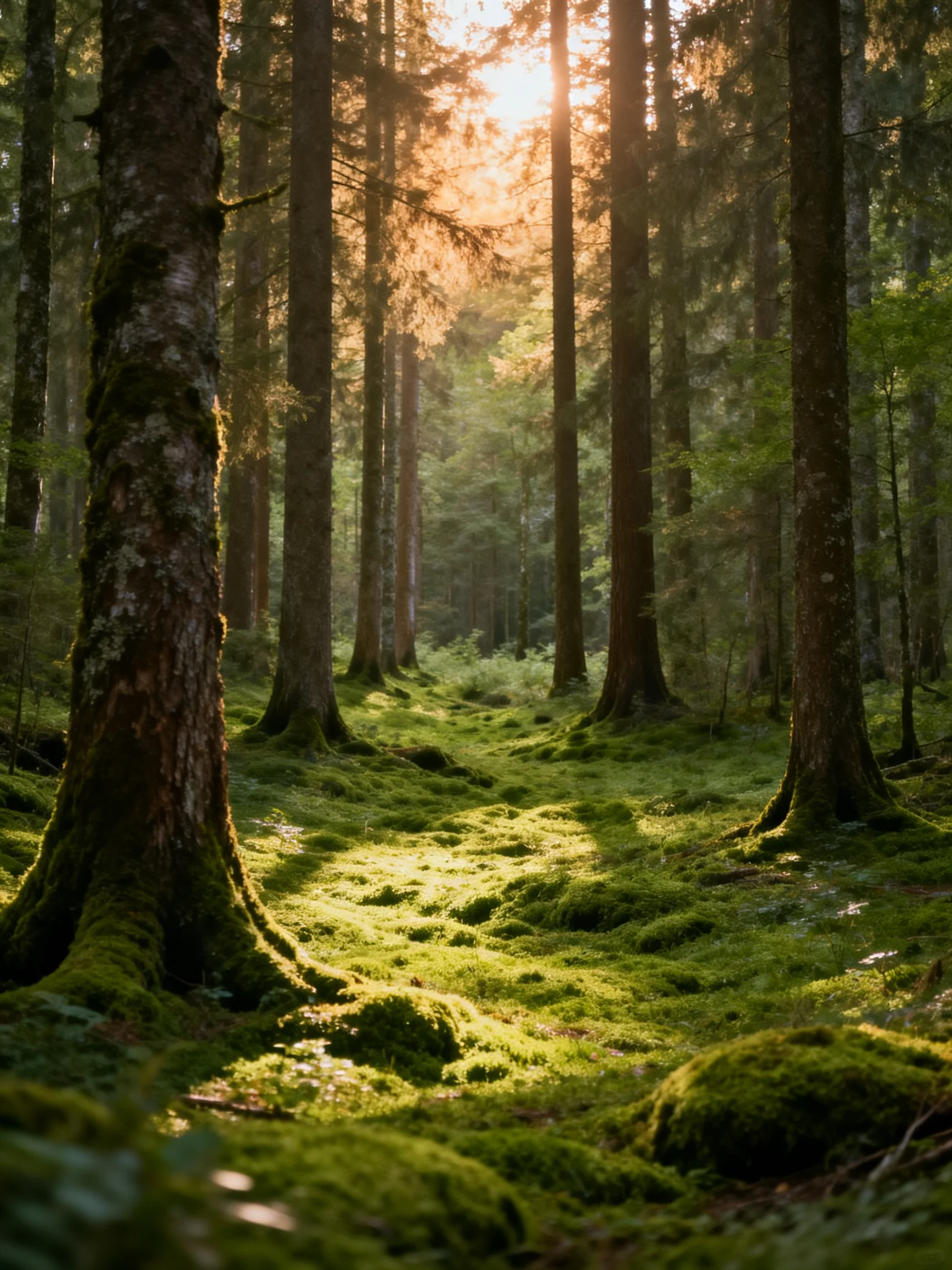 Golden sunlight illuminates mossy forest with tall trees