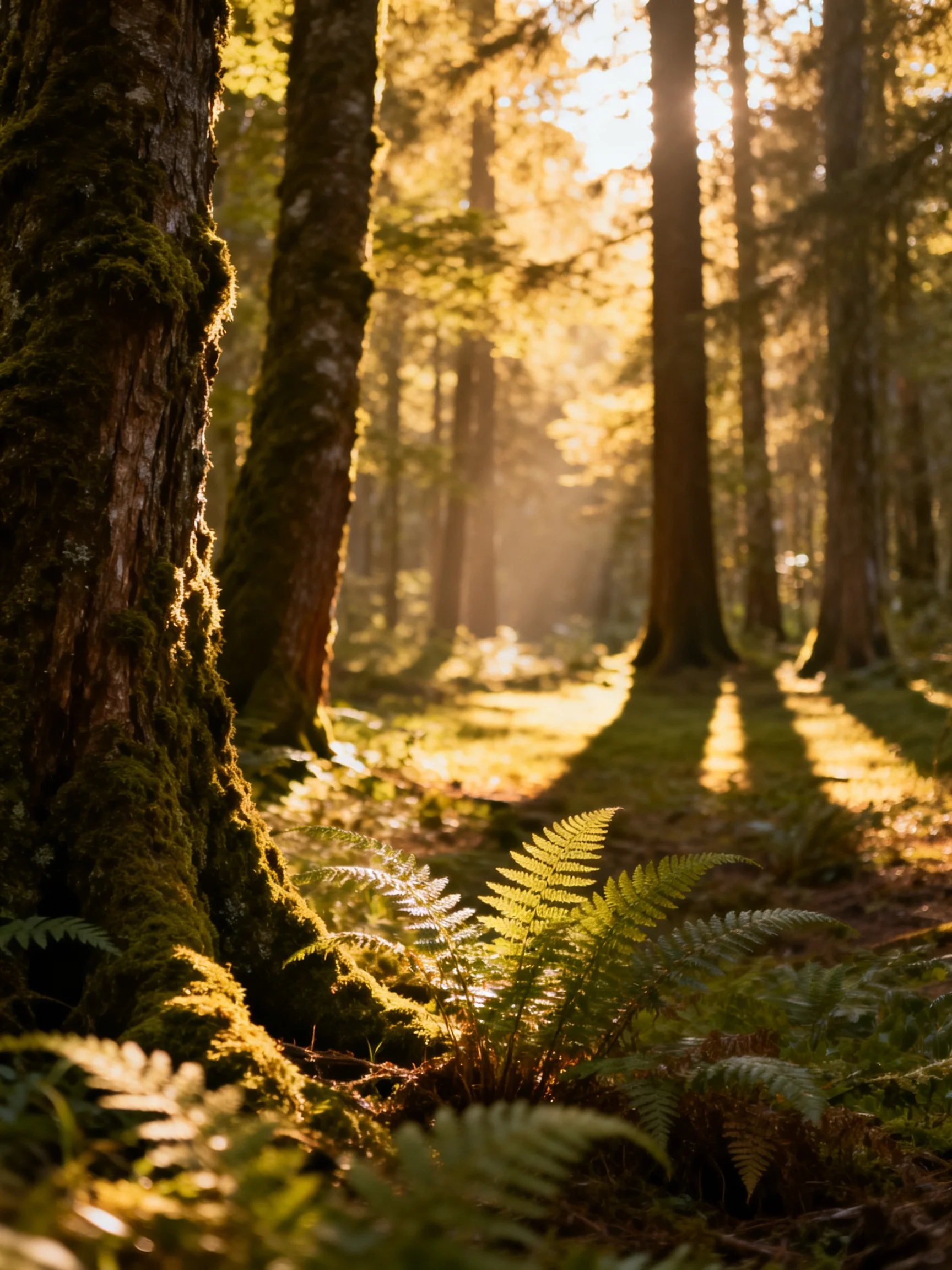 Golden sunlight illuminates mossy trees and ferns in a dense forest