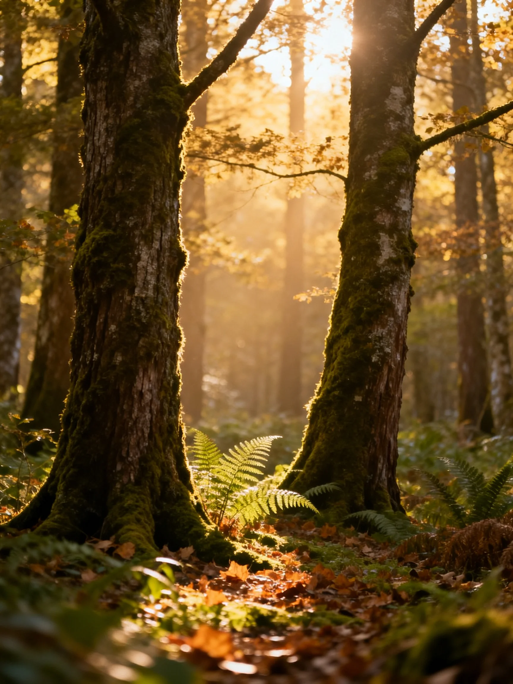 Golden sunlight illuminates mossy trees and ferns in a forest