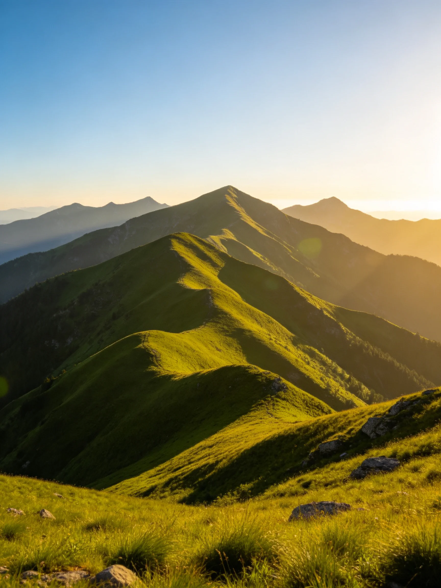 Golden sunlight illuminates rolling green mountain ridges with distant peaks.