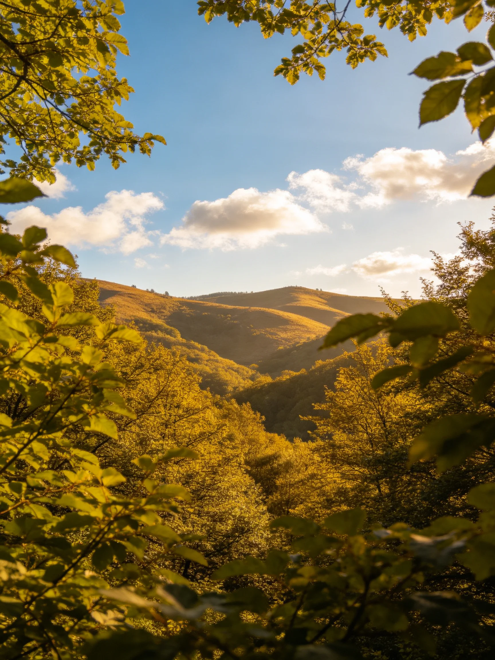 Golden sunlight illuminates rolling hills through lush green foliage