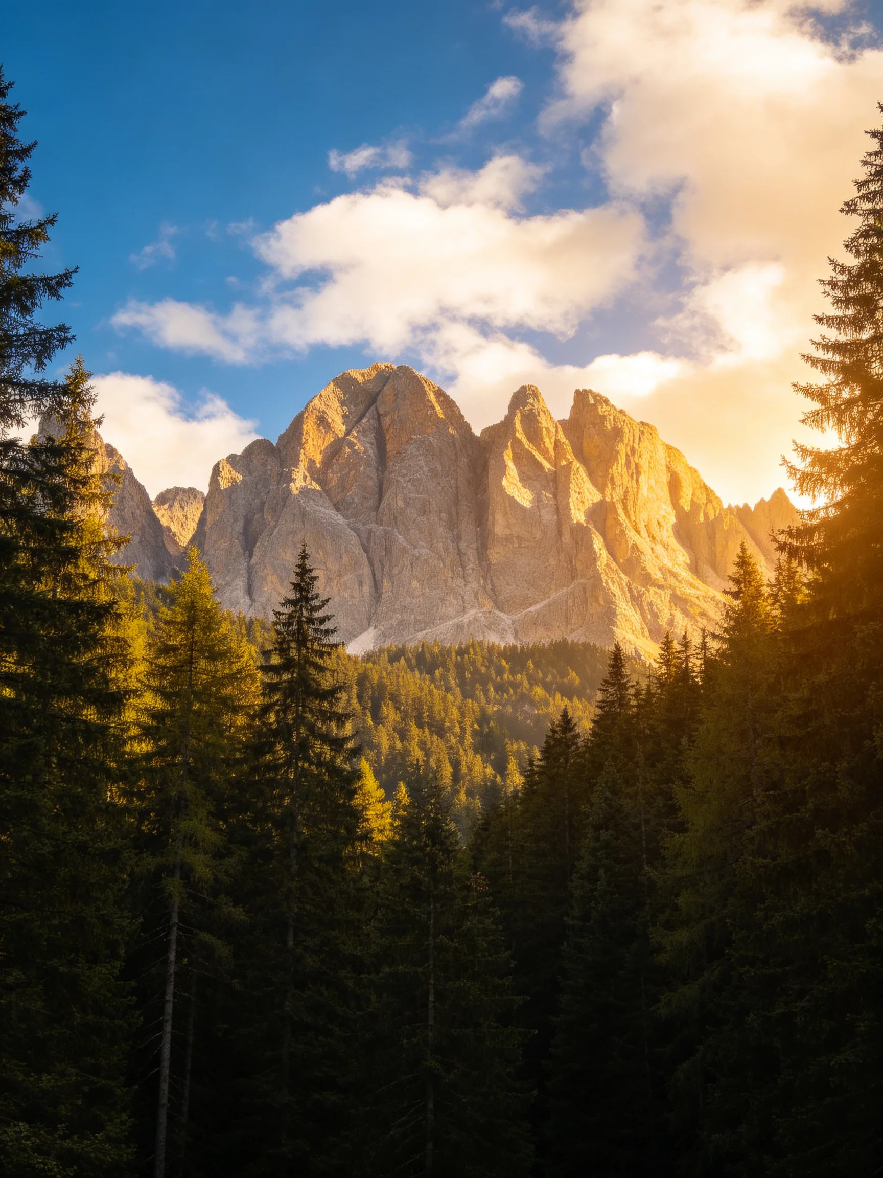 Golden sunlight illuminates rugged mountain peaks behind dense evergreen forest