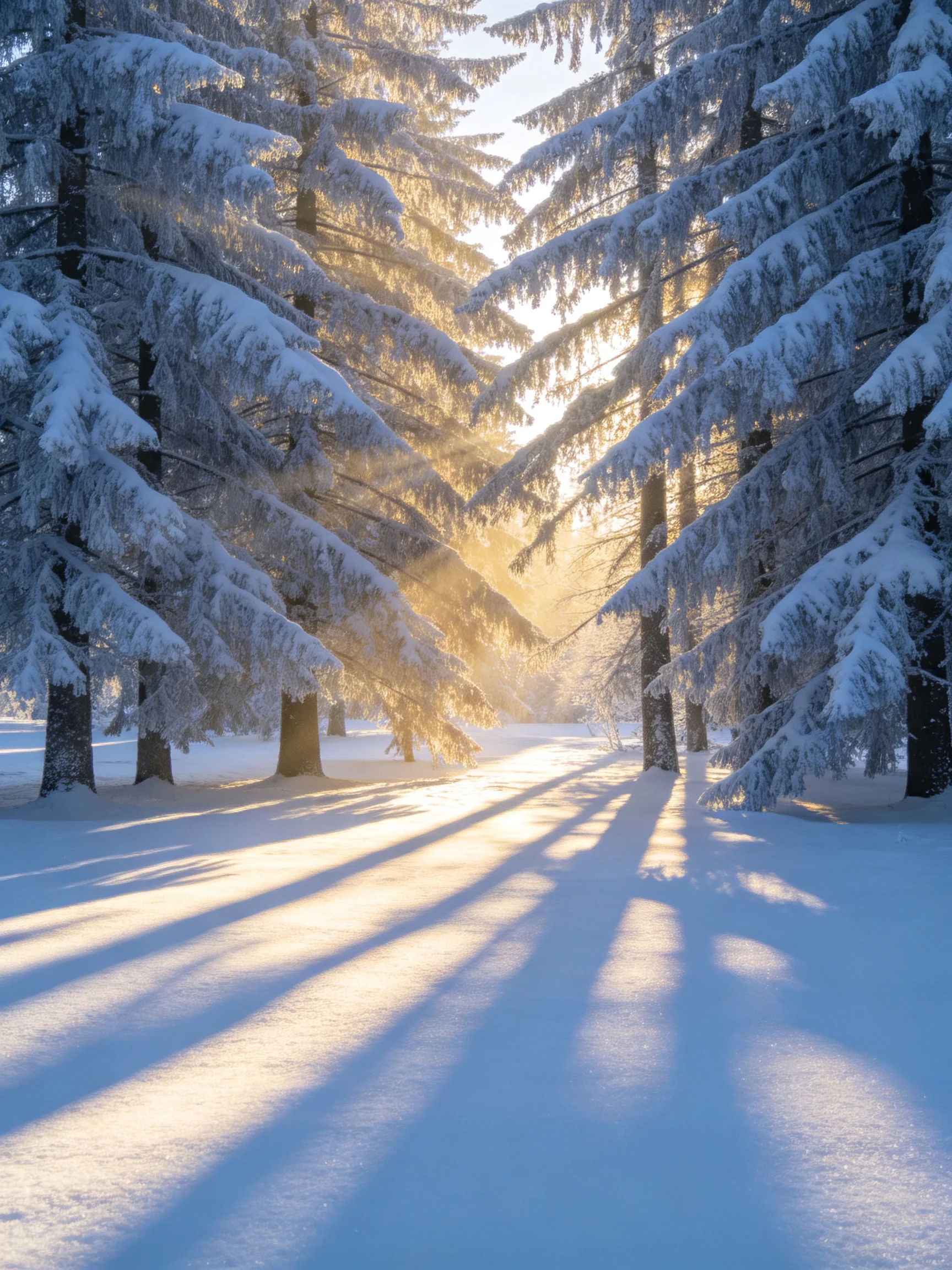 Golden sunlight illuminates snow - covered evergreen forest with a clear snowy path