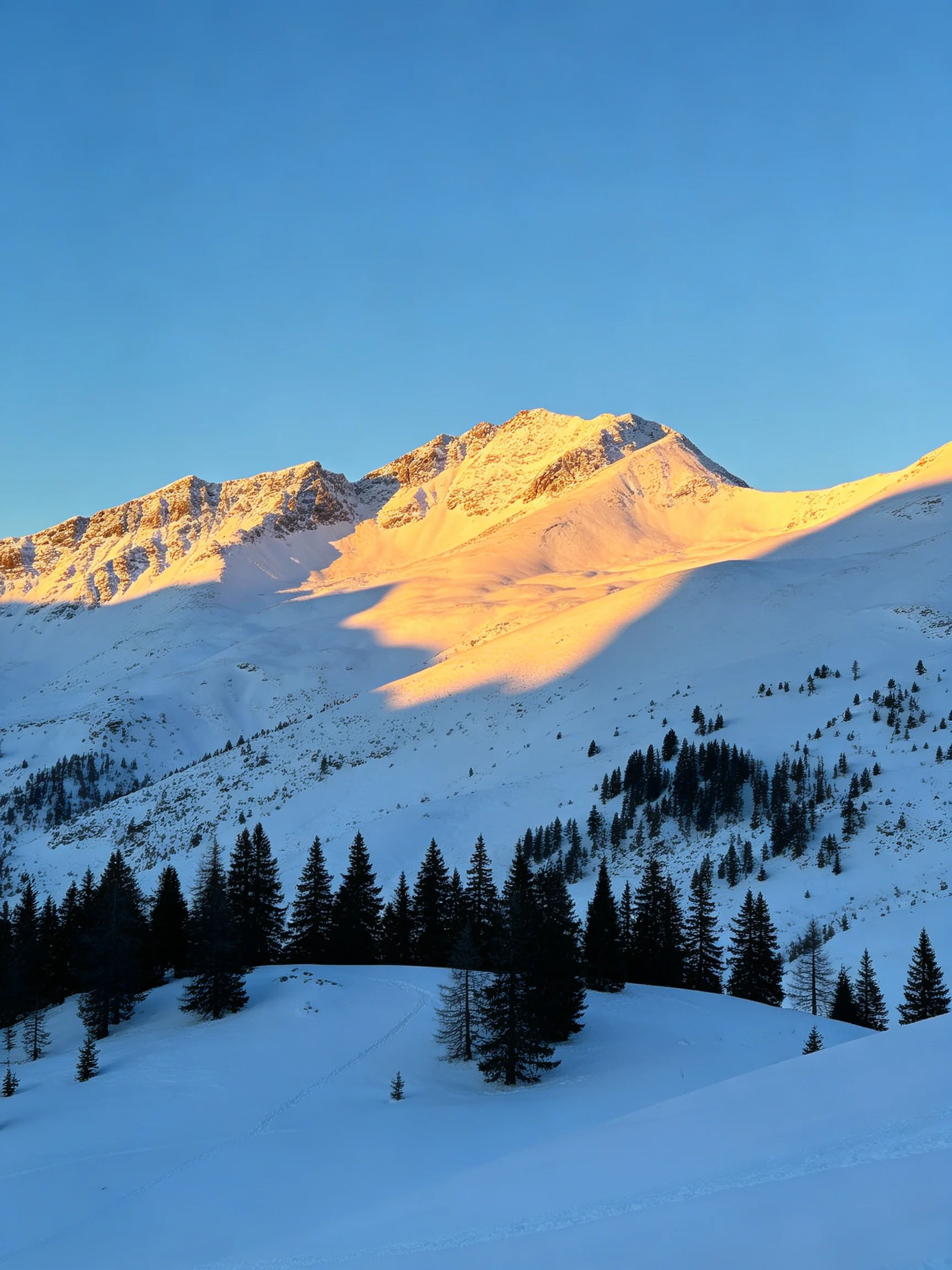 Golden sunlight illuminates snow - covered mountain peaks with scattered evergreen trees