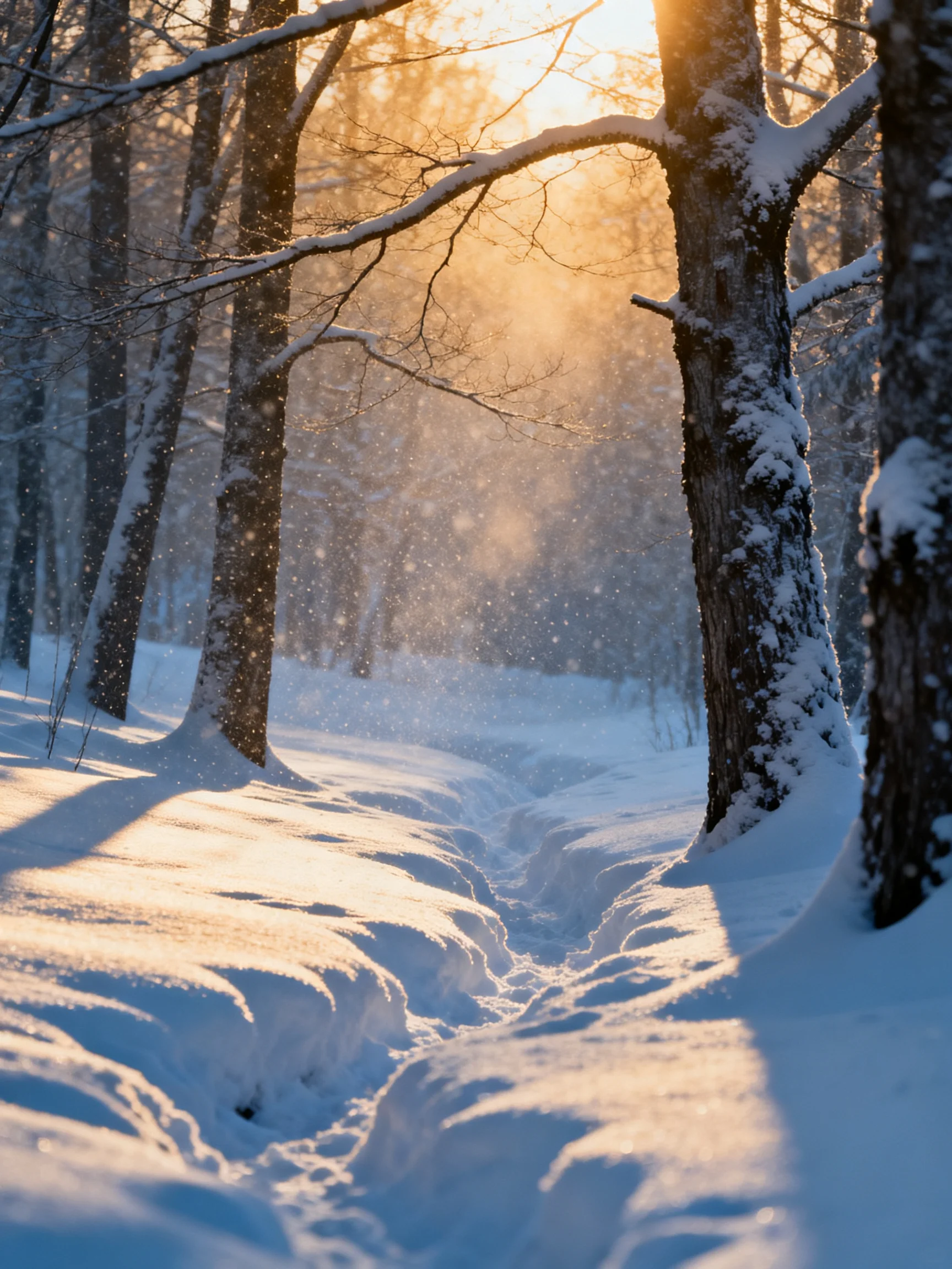 Golden sunlight illuminates snow - laden forest trees
