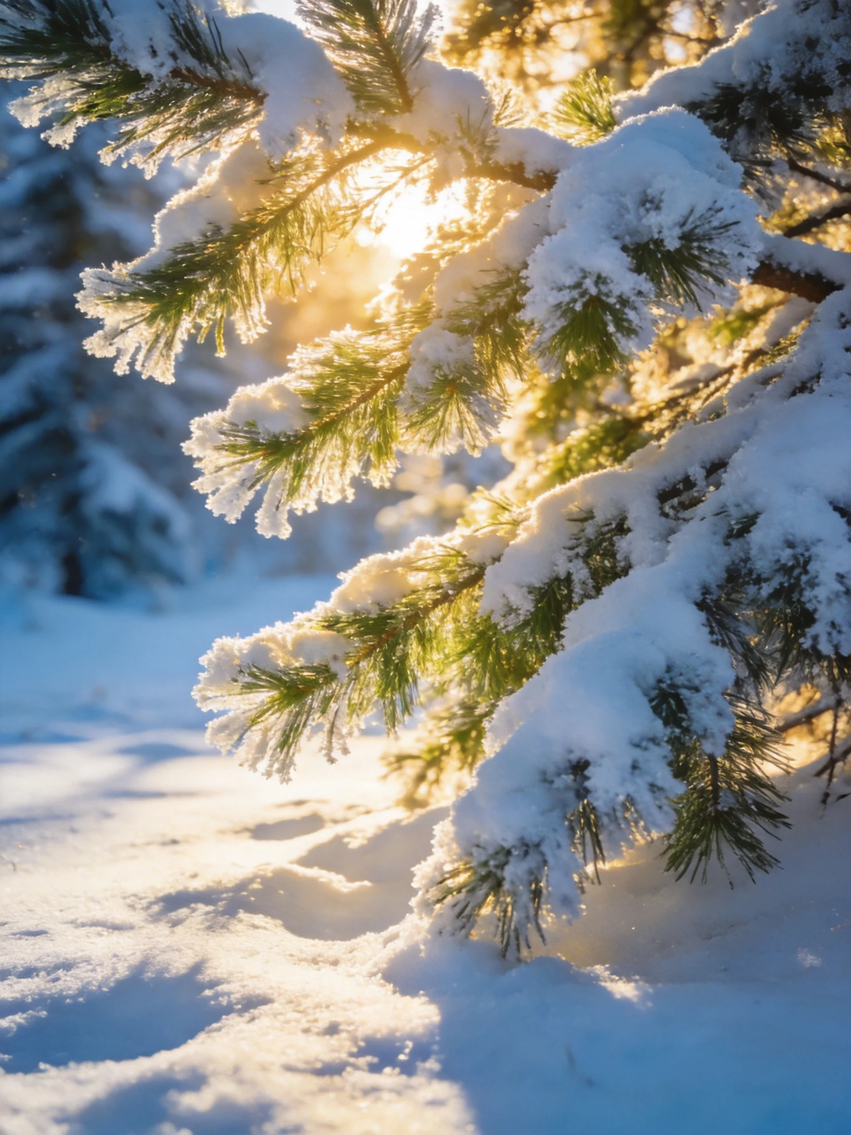 Golden sunlight illuminates snow-laden evergreen branches in winter landscape