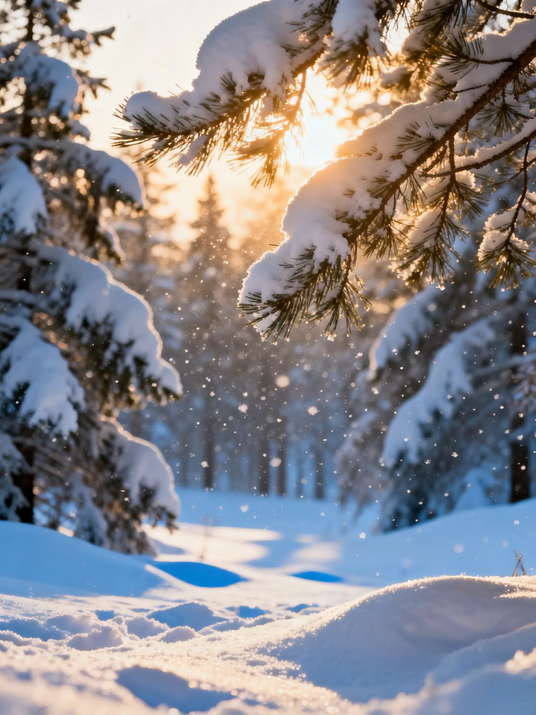 Golden sunlight illuminates snow-laden pine branches with falling snowflakes