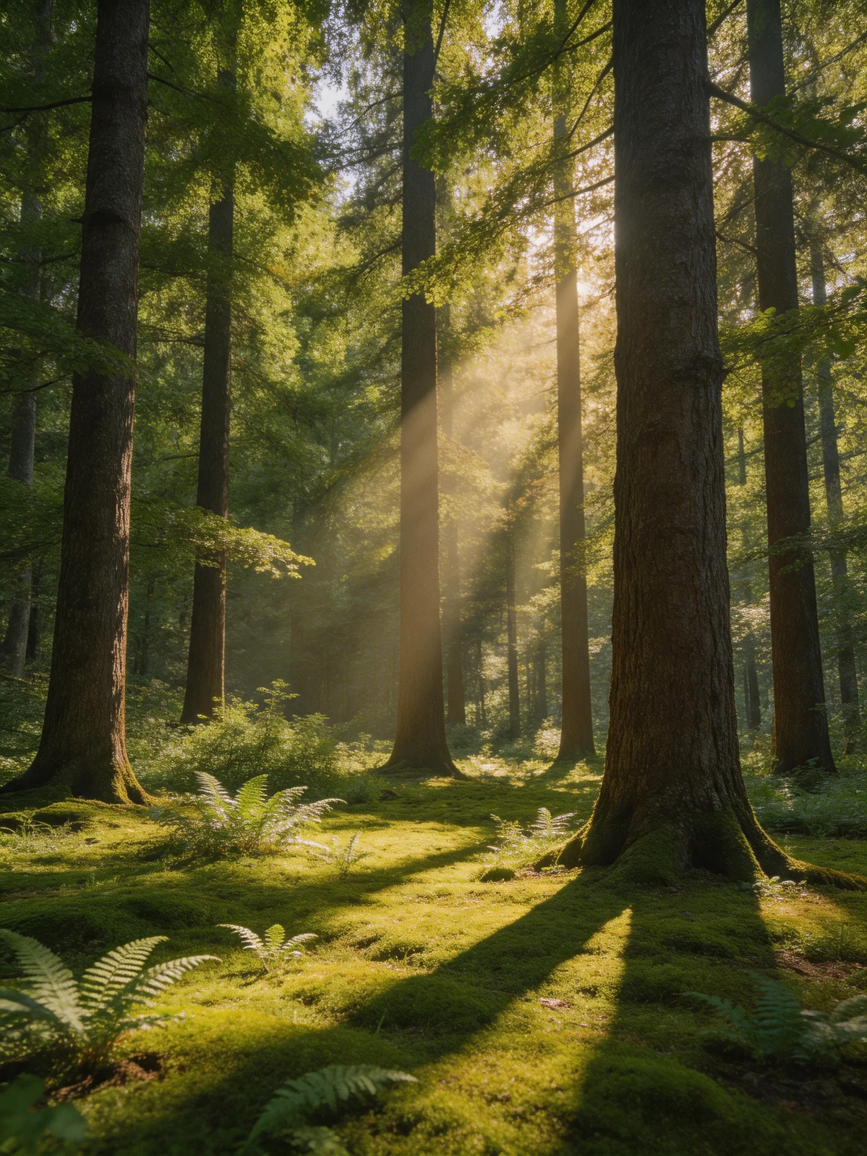 Golden sunlight illuminates tall evergreen trees in a mossy forest