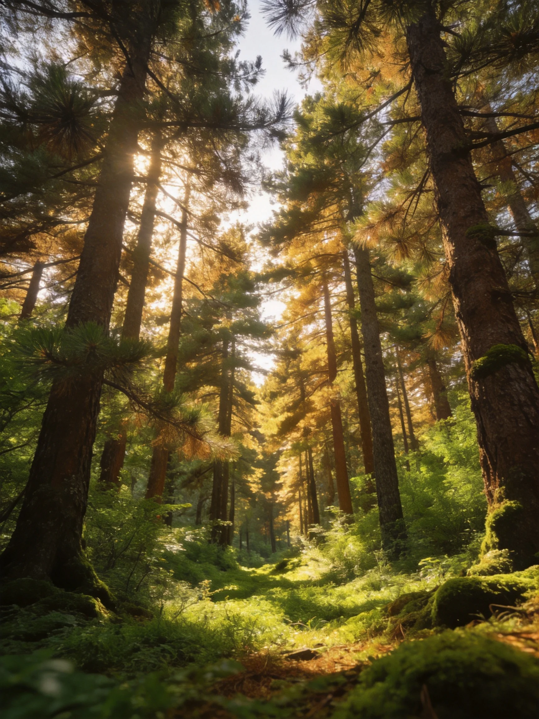 Golden sunlight illuminates tall pine trees in dense forest