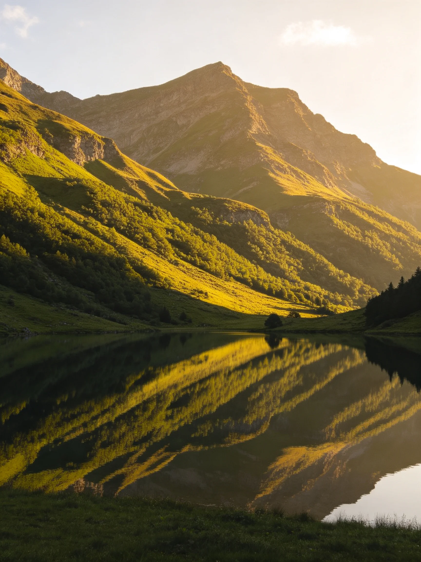 Golden sunlight illuminates verdant mountain slopes reflected in calm waters