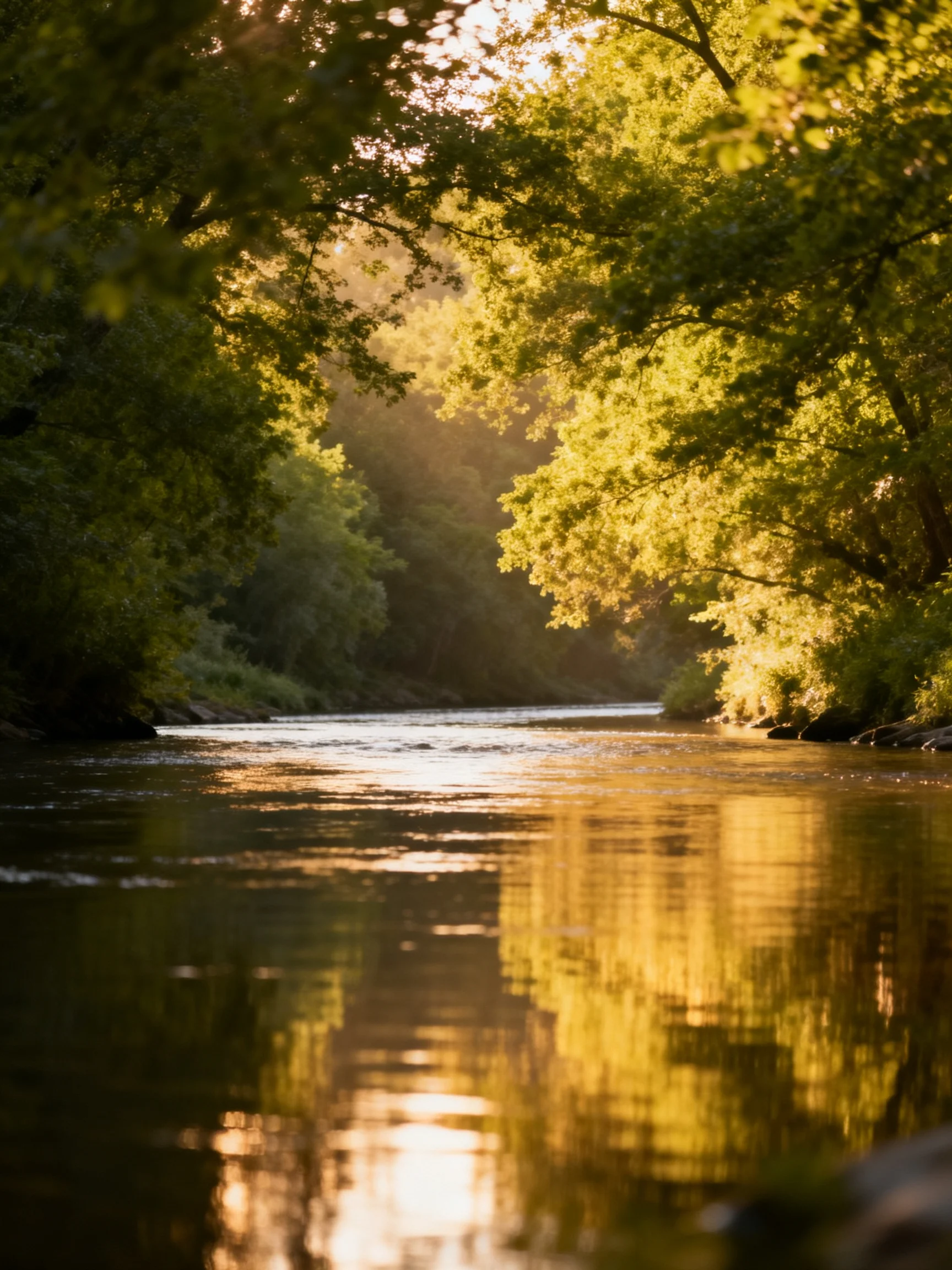 Golden sunlight reflects off a calm river bordered by dense green trees