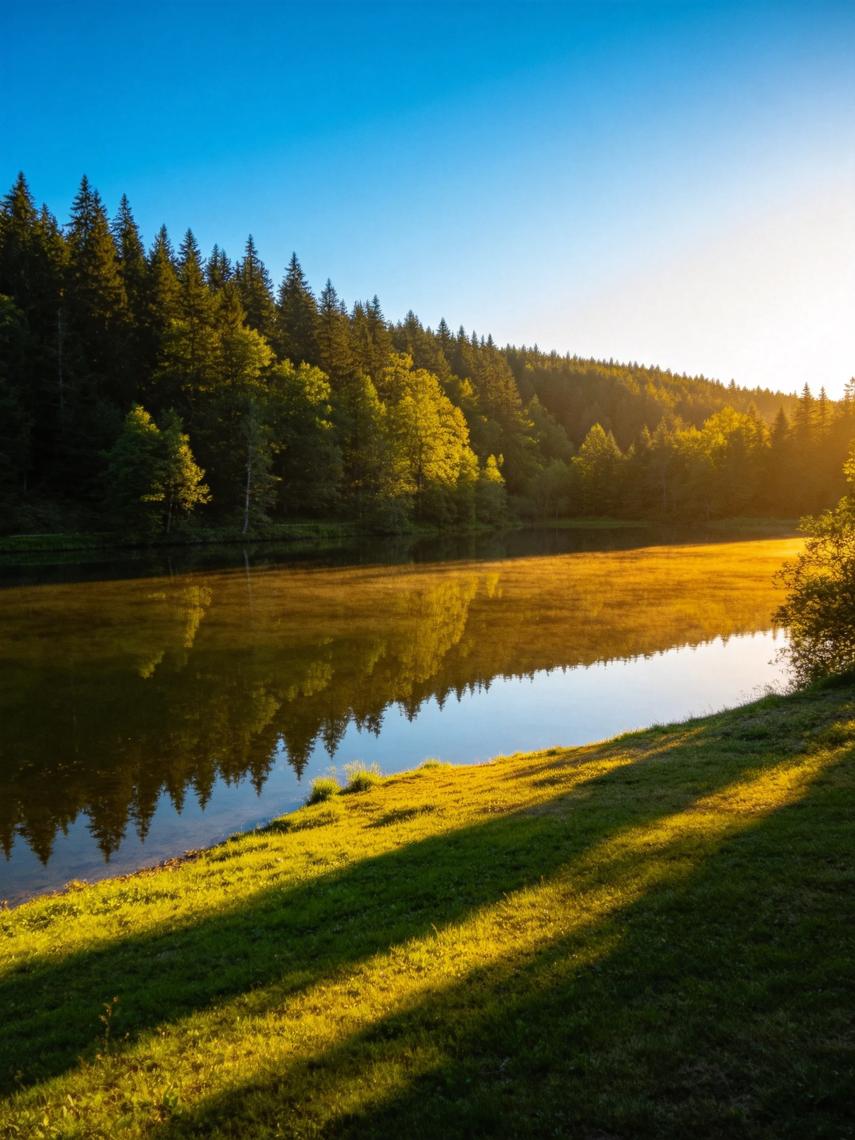 Golden sunlight reflects off calm river near dense green forest