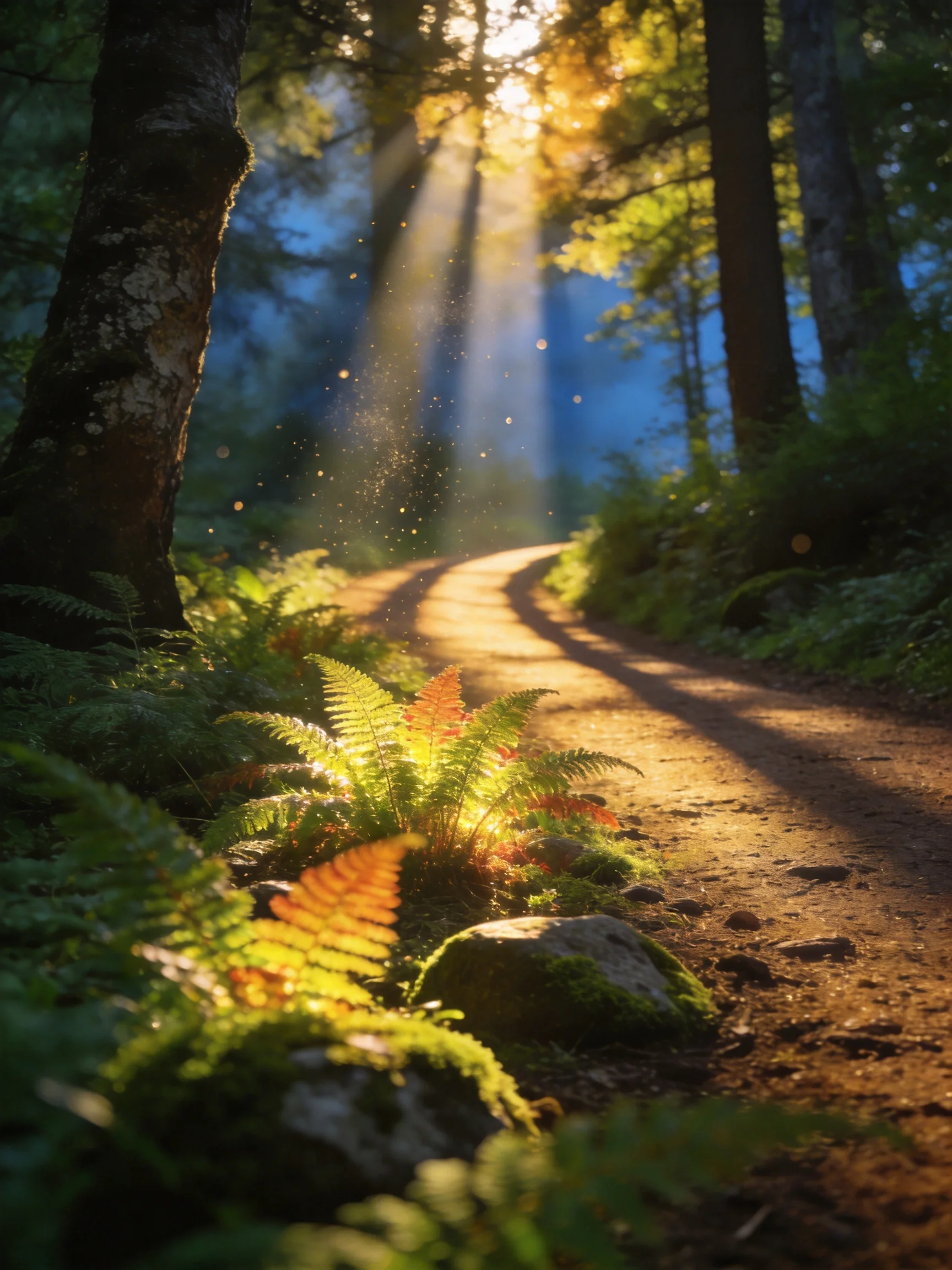 Golden sunlight streams through a lush forest path with ferns
