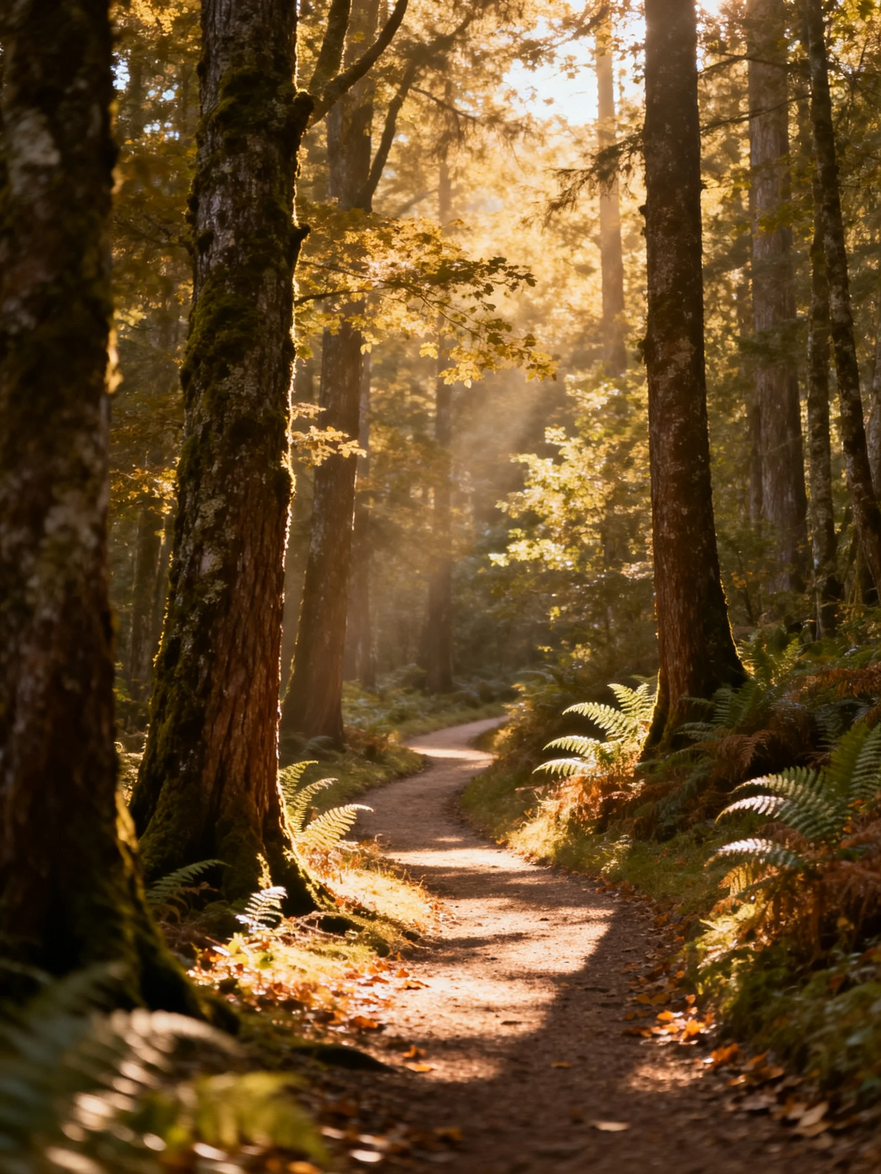 Golden sunlight streams through ancient forest pathway with tall trees