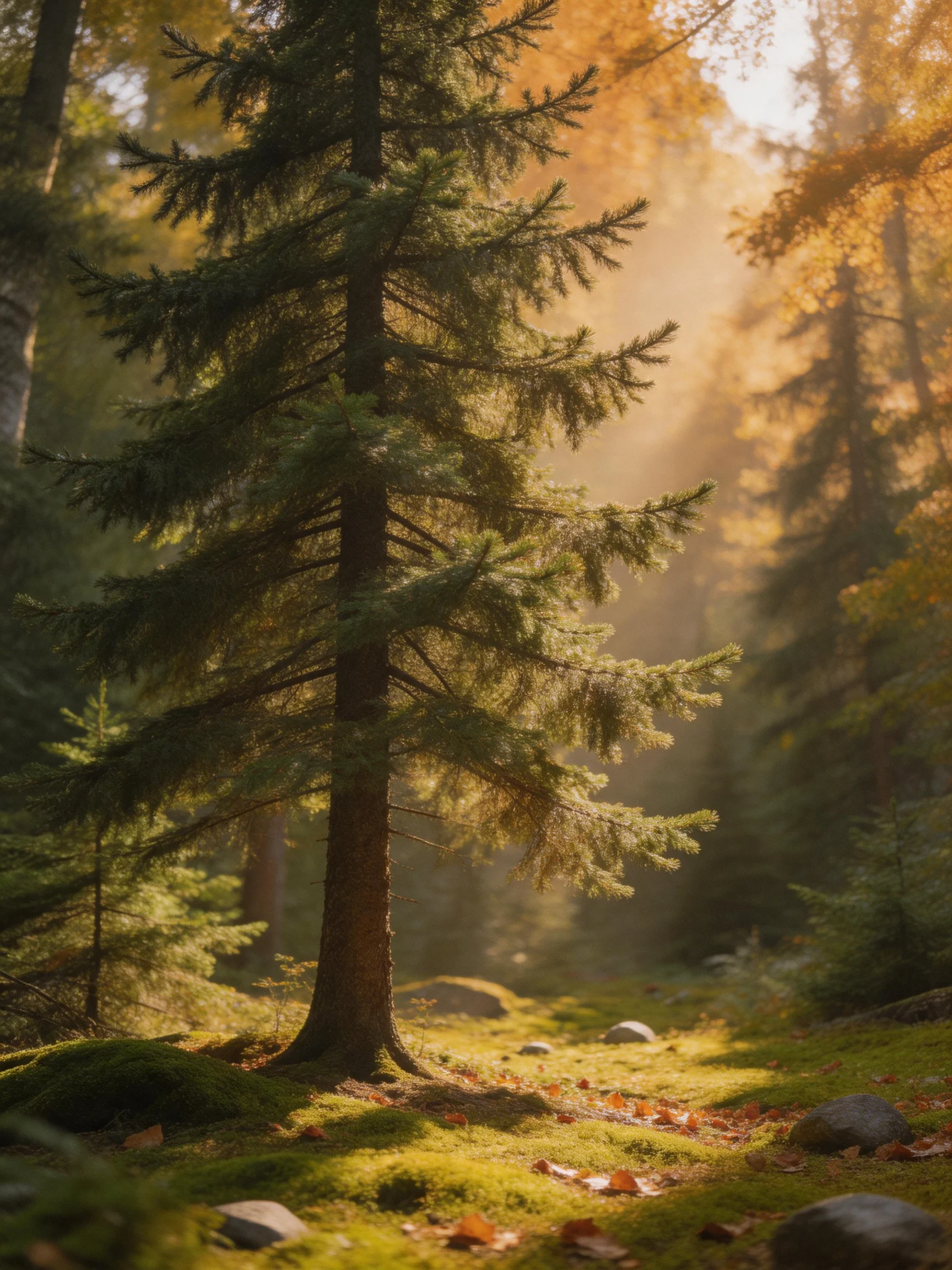 Golden sunlight streams through dense forest with tall evergreen tree