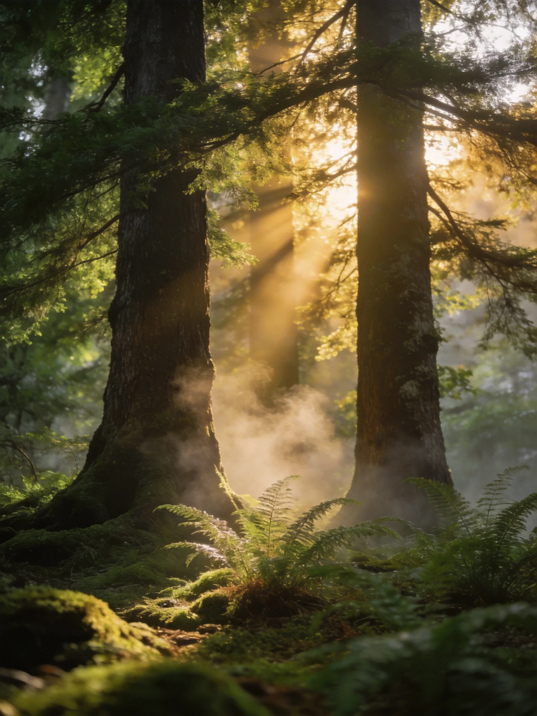 Golden sunlight streams through giant evergreen trees in a misty forest glade