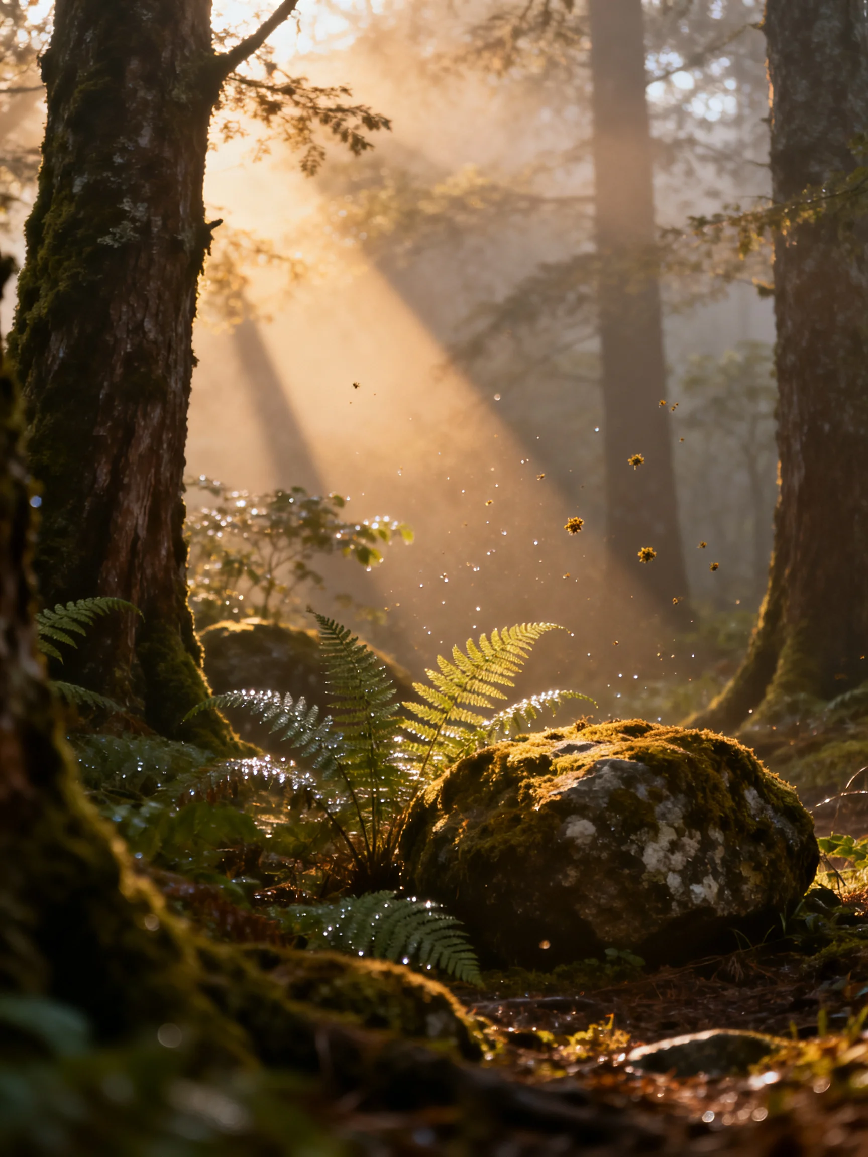 Golden sunlight streams through misty forest with moss - covered trees and ferns