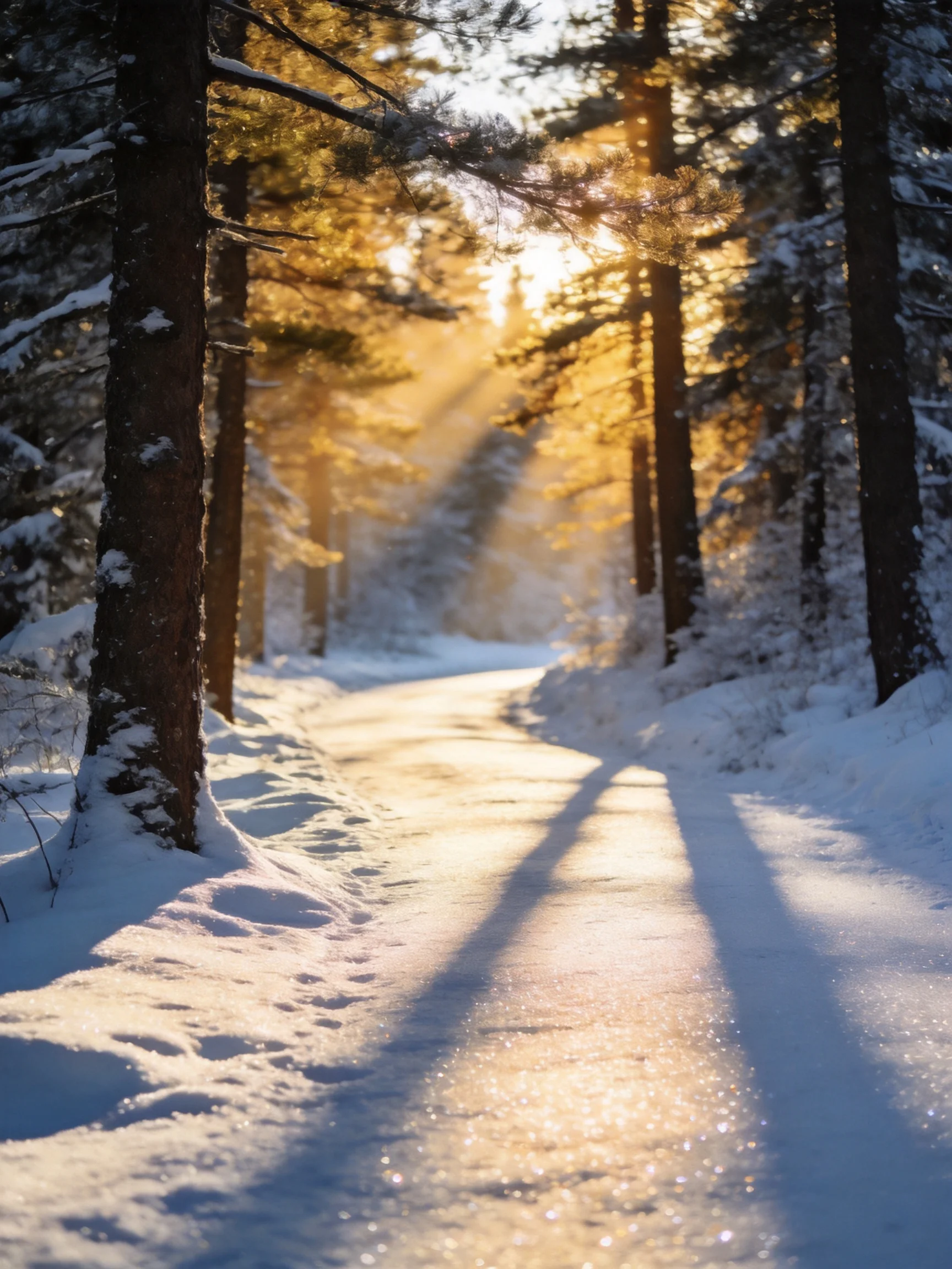 Golden sunlight streams through snow - covered pine trees along a winding path