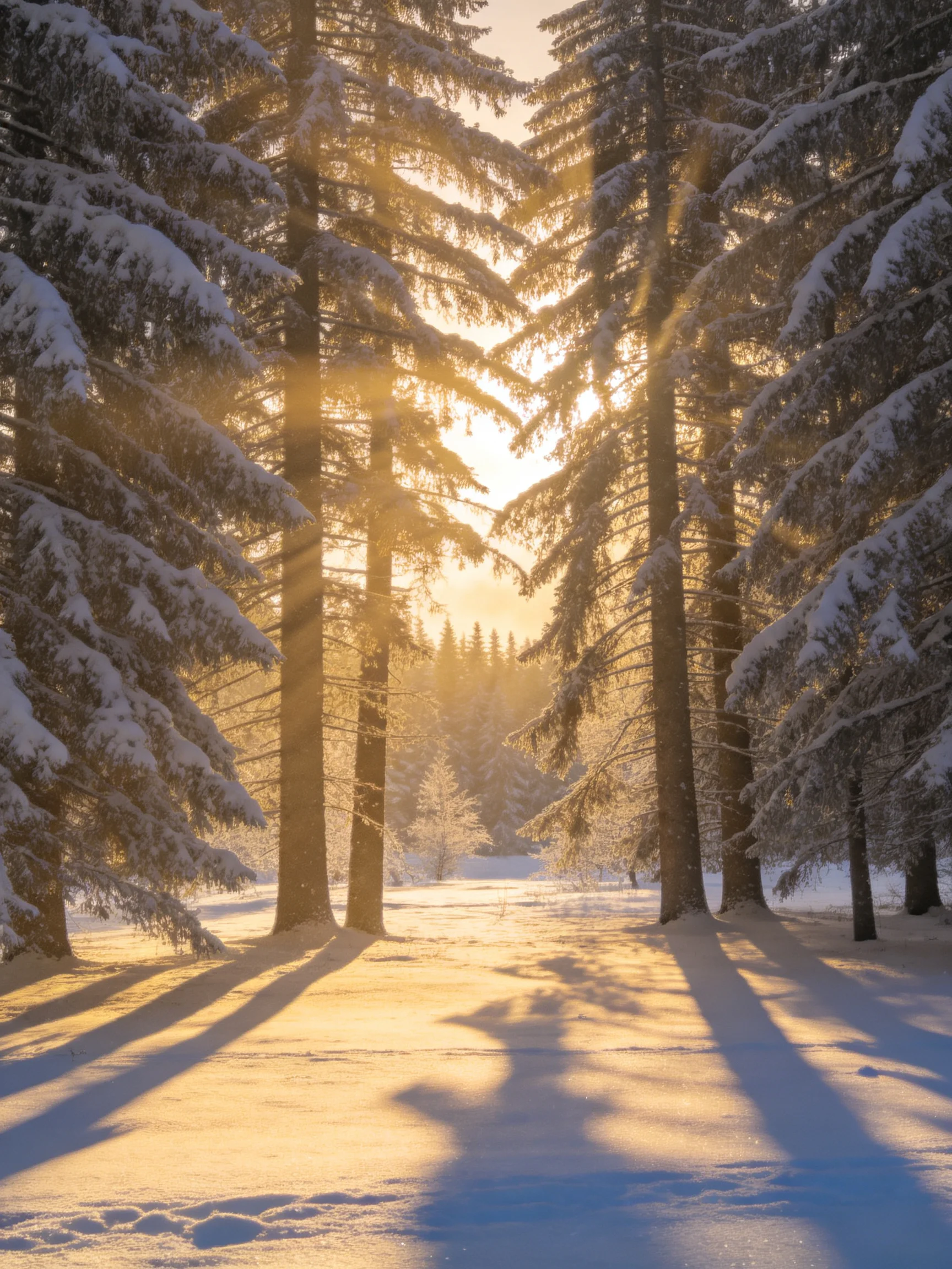 Golden sunlight streams through snow-laden pine trees in a winter forest